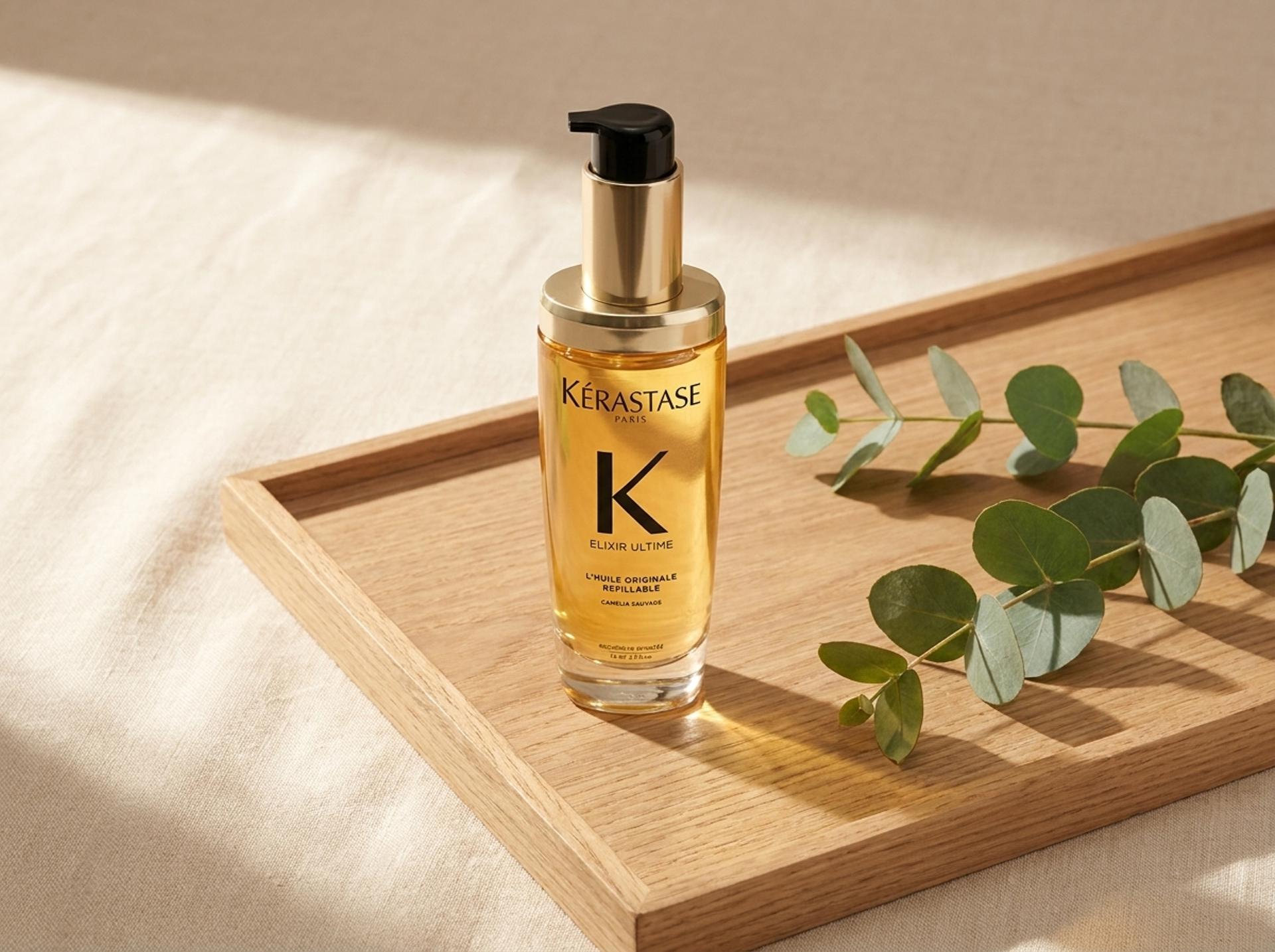 Kérastase Elixir Ultime L'Huile Originale auf hellem Holztablett mit frischen Eukalyptus-Zweigen