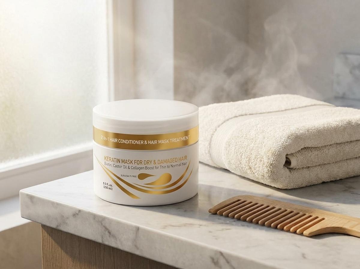Vitamins Keratin Hair Mask Tiegel auf hellem Marmor-Waschtisch mit weichem cremefarbenen Handtuch und Holzkamm