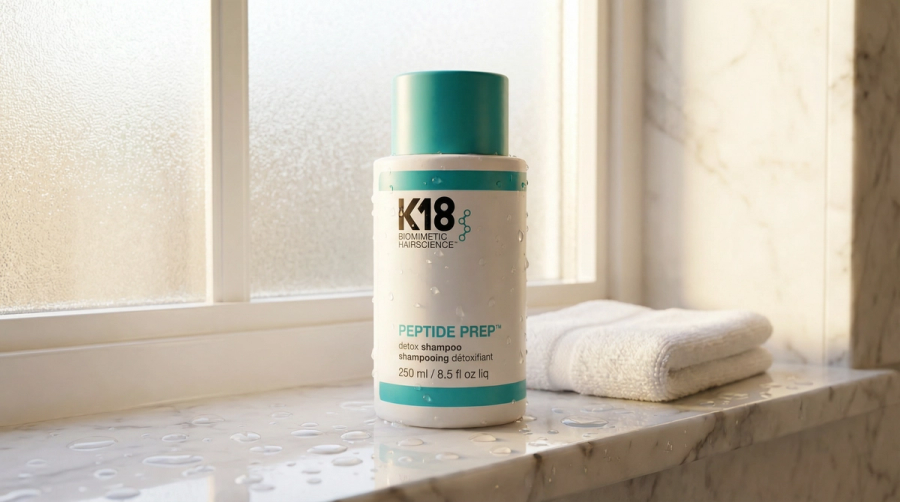 K18 Peptide Prep Detox Shampoo in luxuriösem Badezimmer-Setting