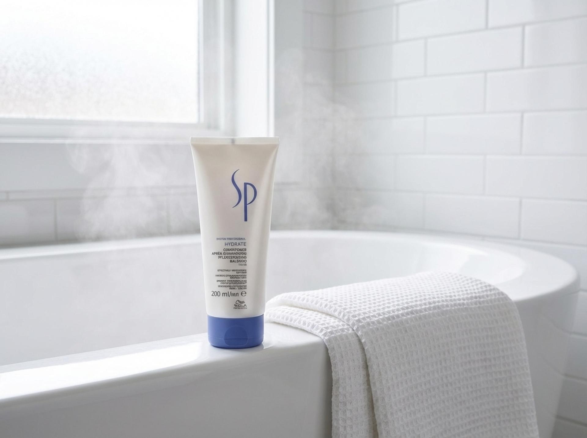 Wella SP Hydrate Conditioner auf weissem Badewannenrand mit gefaltetem Handtuch