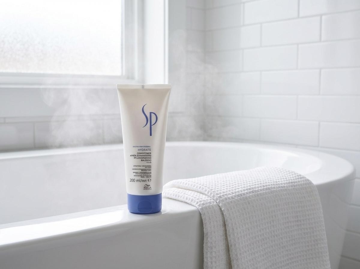 Wella SP Hydrate Conditioner auf weissem Badewannenrand mit gefaltetem Handtuch