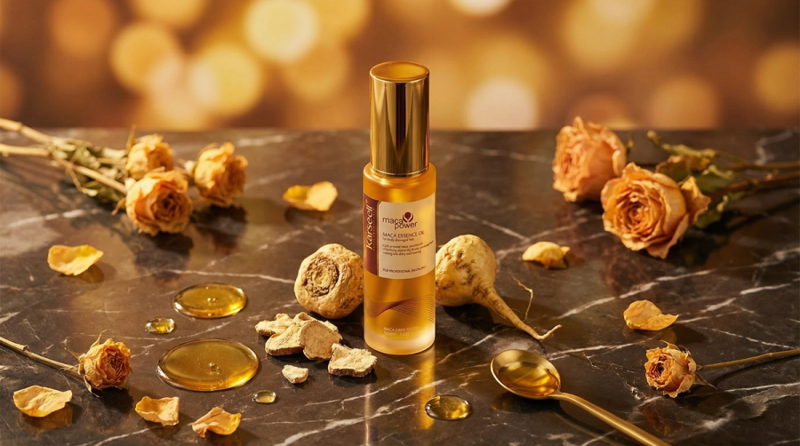 Karseell Maca Essential Hair Oil auf dunklem Marmor mit Maca-Wurzel, Arganöl-Früchten und Rosenblüten – natürliche Wirkstoffe im Überblick