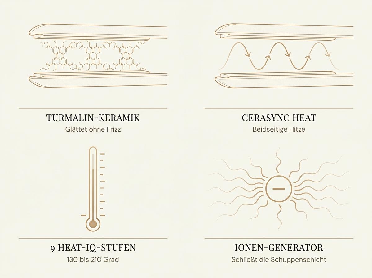 Infografik zur T3-Lucea-Technologie: Tourmalin-Keramik-Plates, CeraSync-Heizstäbe, 9 Heat-IQ-Stufen und Ionen-Generator