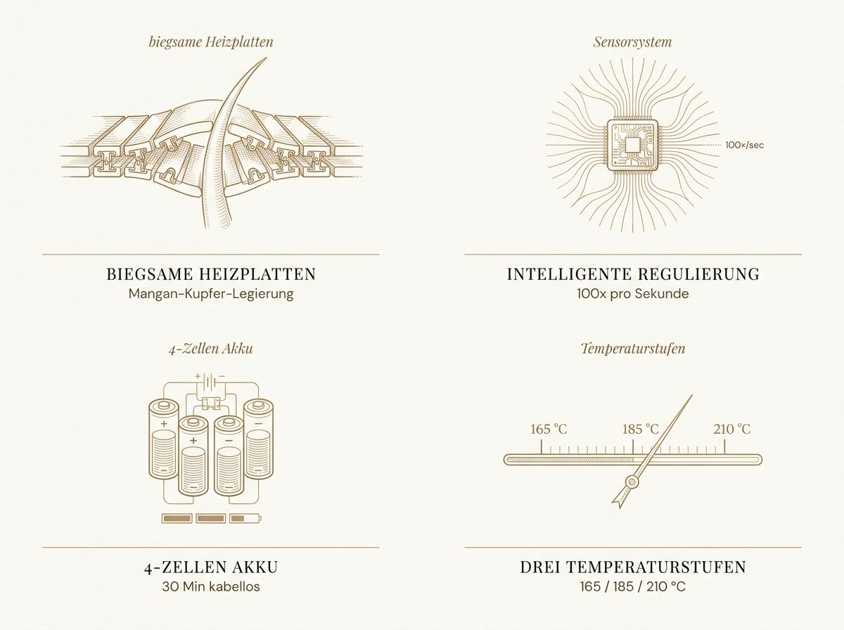 Infografik der Dyson Corrale Technologie: biegsame Mangan-Kupfer-Heizplatten, intelligente Temperaturregulierung 100×/Sek., 4-Zellen-Lithium-Ionen-Akku und drei Temperaturstufen 165 / 185 / 210 Grad