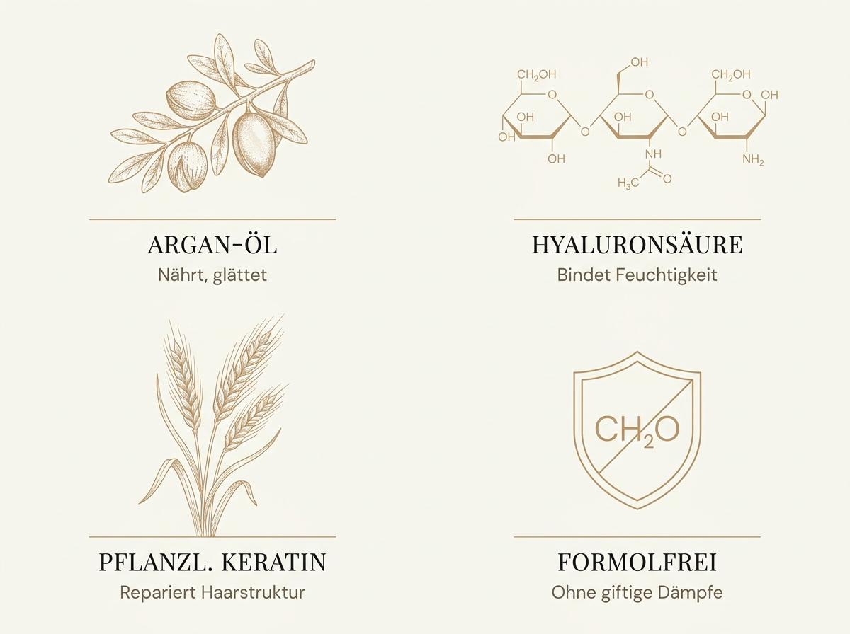 Infografik zu den Wirkstoffen im Kativa Brasilianischen Keratin-Set: Argan-Öl, Hyaluronsäure, pflanzliches Keratin und formolfreie Formel