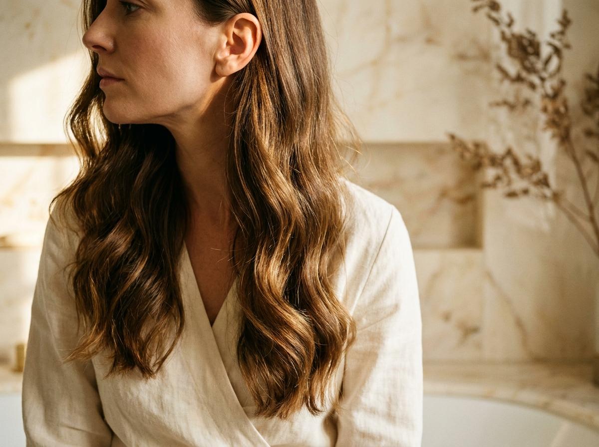 Result-Shot nach Moroccanoil-Anwendung: welliges, sun-kissed dunkelbraunes Haar mit sichtbarem Argan-Oel-Mid-Shaft-Shine in Profile-Pose – warmer Vanity-Hintergrund