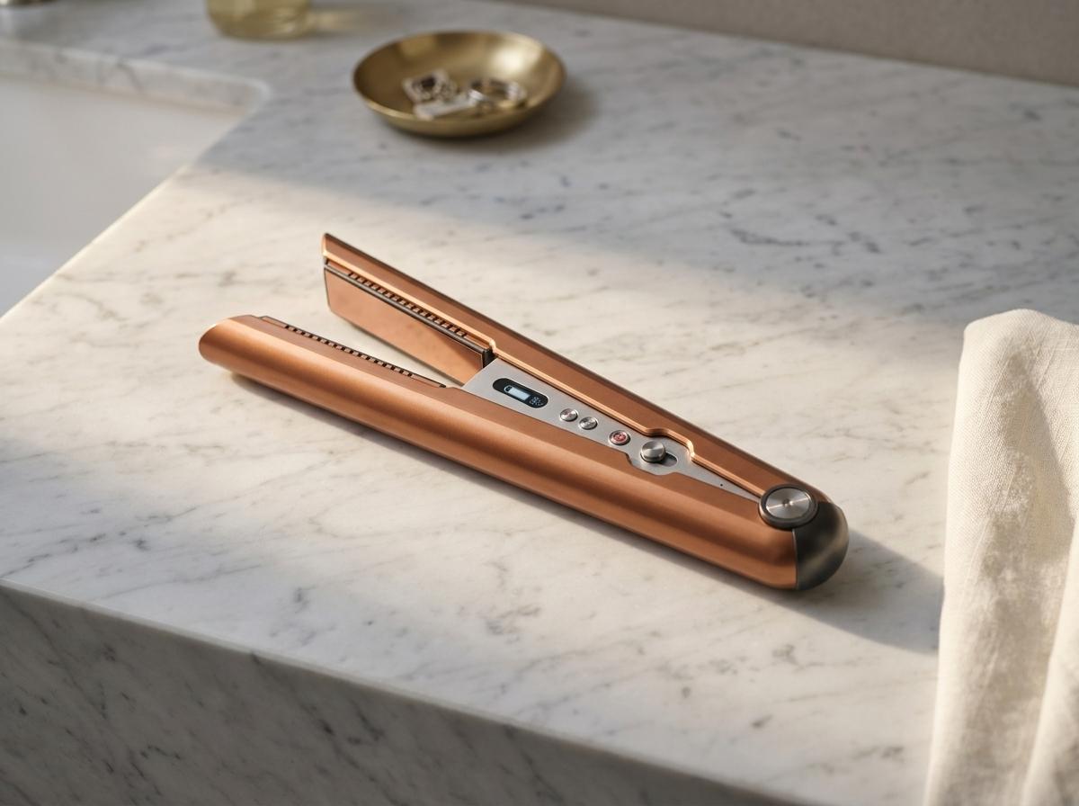 Dyson Corrale Kupfer-Glätteisen liegend auf hellem Marmor-Waschtisch mit kleiner Messingschale und gefaltetem cremefarbenen Leinentuch