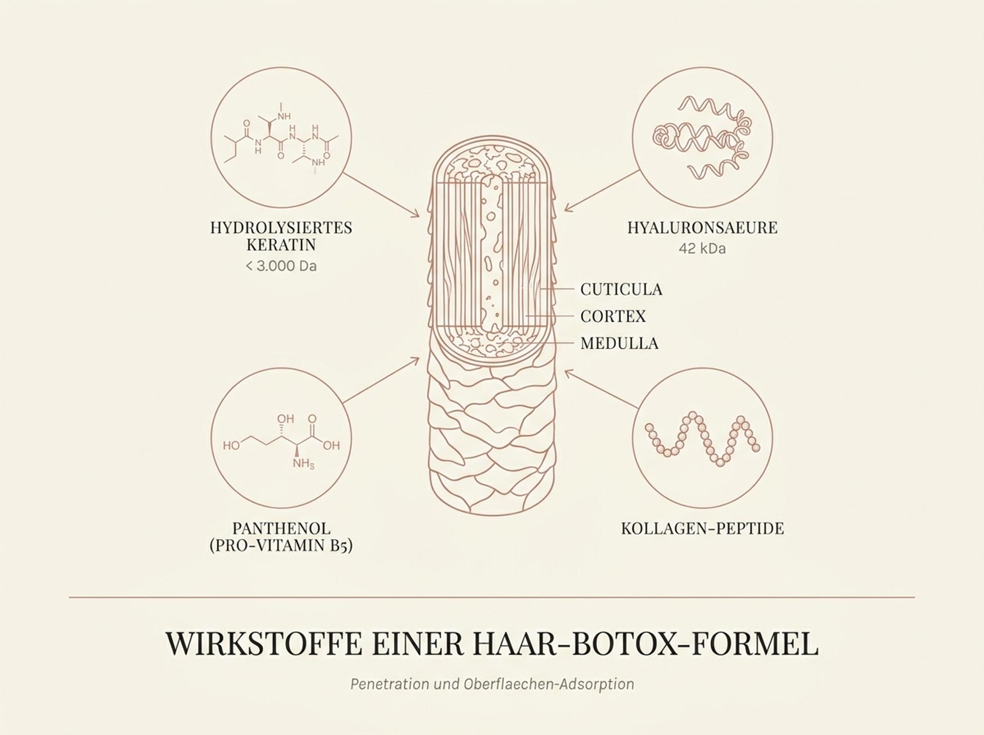 Editorial-wissenschaftliche Illustration der Haar-Botox-Wirkstoffe – hydrolysiertes Keratin, niedermolekulare Hyaluronsaeure, Panthenol und Aminosaeuren in pastellfarbener Diagramm-Aesthetik