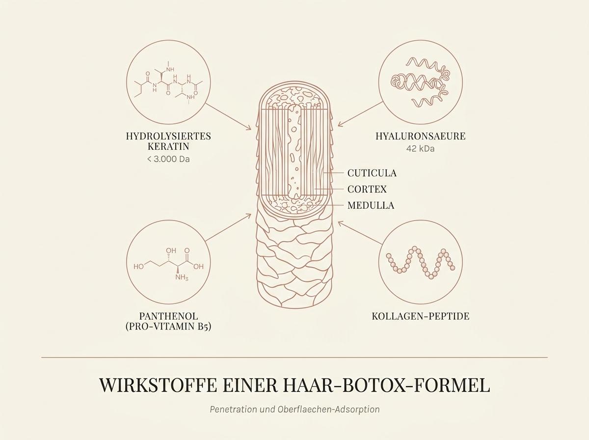 Editorial-wissenschaftliche Illustration der Haar-Botox-Wirkstoffe – hydrolysiertes Keratin, niedermolekulare Hyaluronsaeure, Panthenol und Aminosaeuren in pastellfarbener Diagramm-Aesthetik