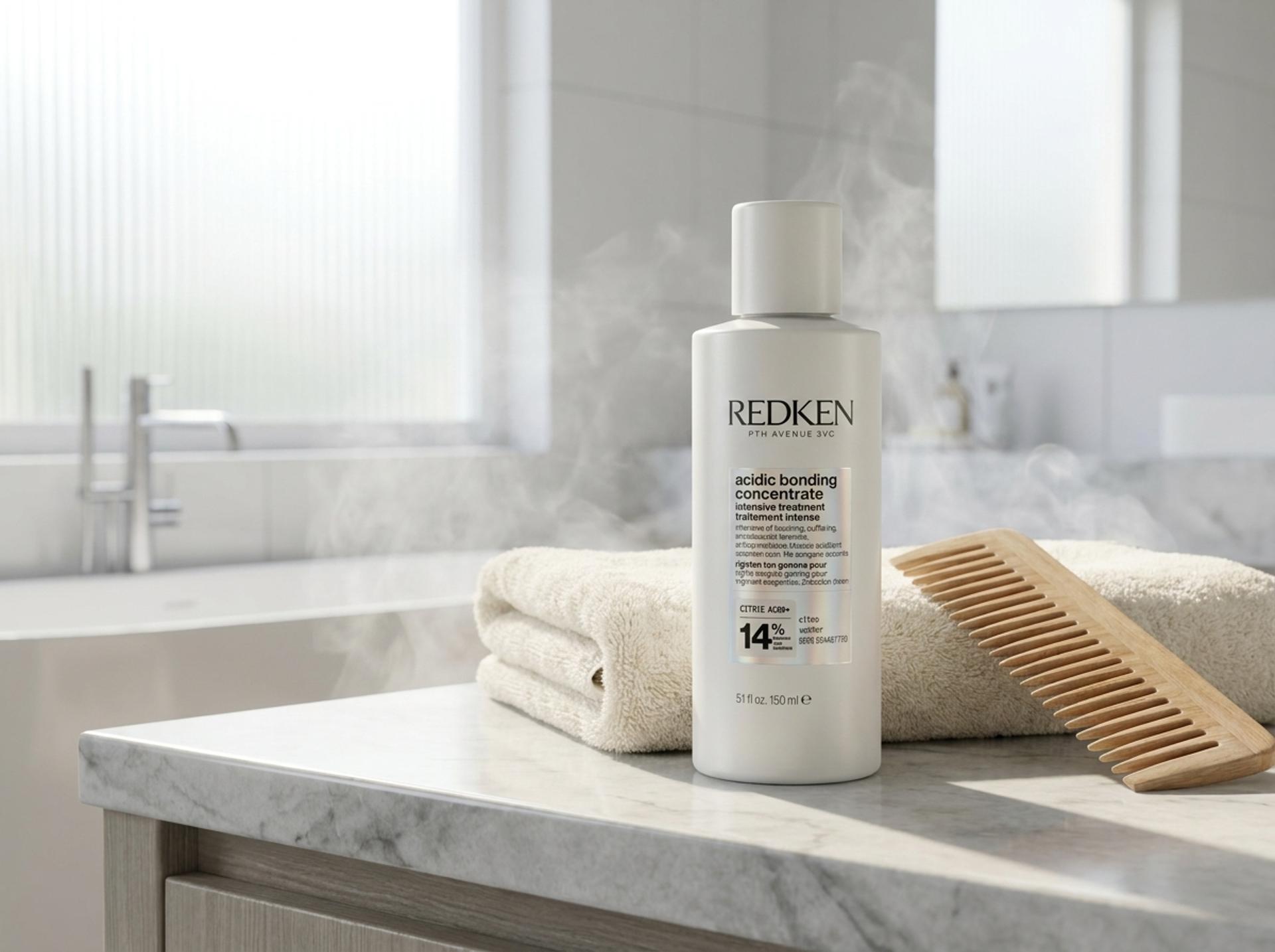 Redken Acidic Bonding Intensive Treatment auf hellem Marmor-Waschtisch mit weissem Handtuch