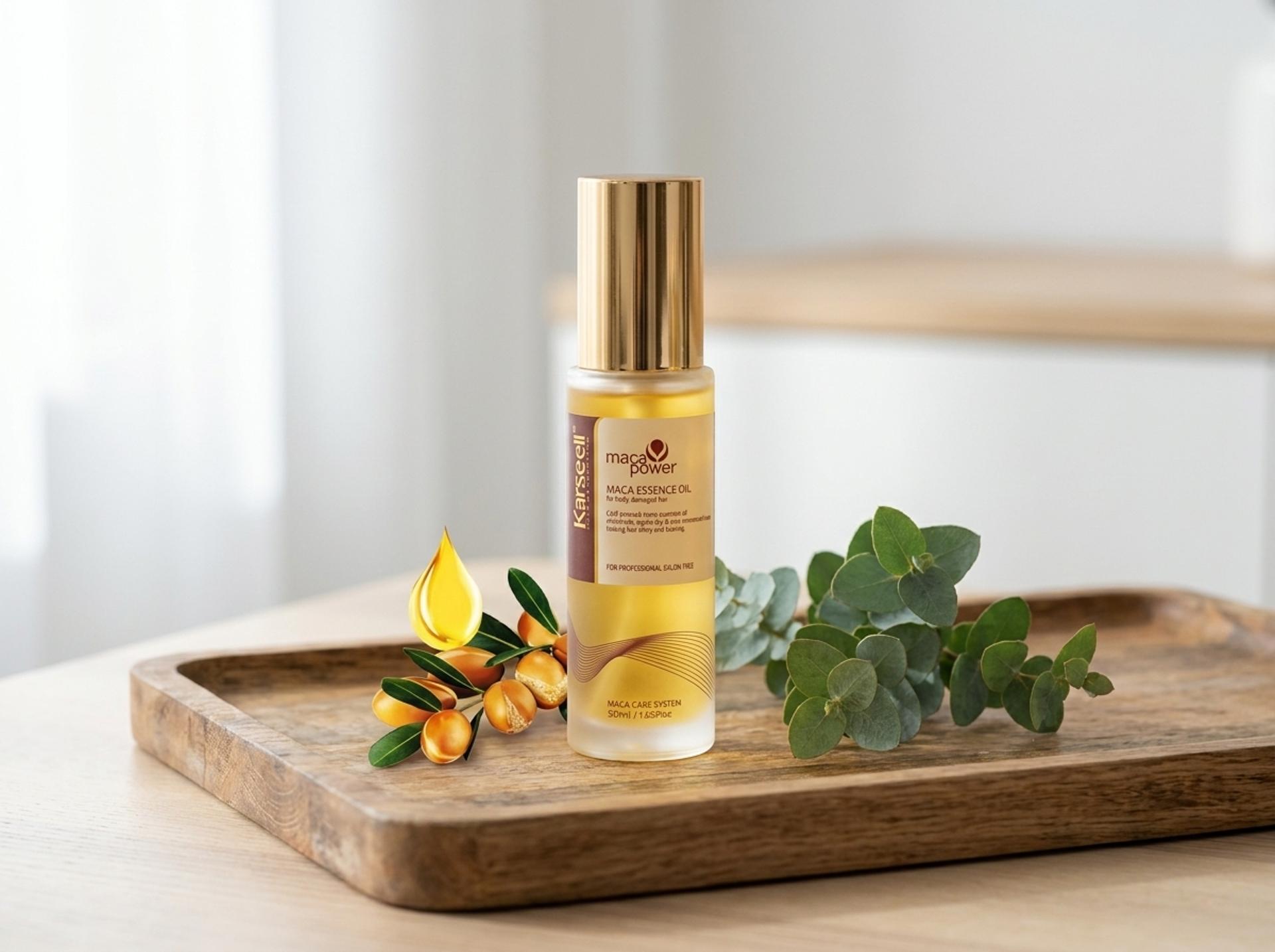 Karseell Maca Essence Oil auf einem Holztablett mit frischen Eukalyptus-Zweigen
