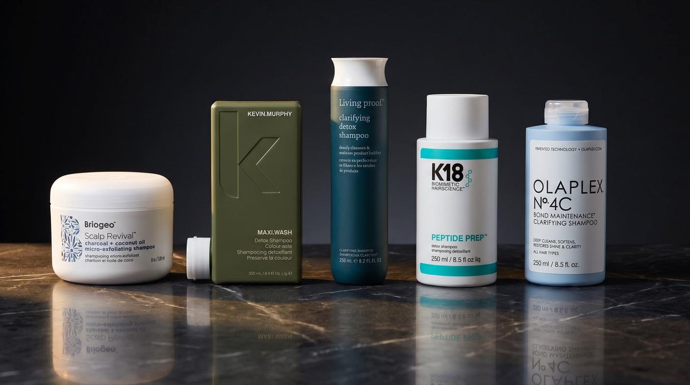 Die fünf besten Clarifying- und Detox-Shampoos 2026 stehend auf dunklem Marmor in warmem Seitenlicht – Premium-Editorial-Vergleichs-Hero HaarLuxus