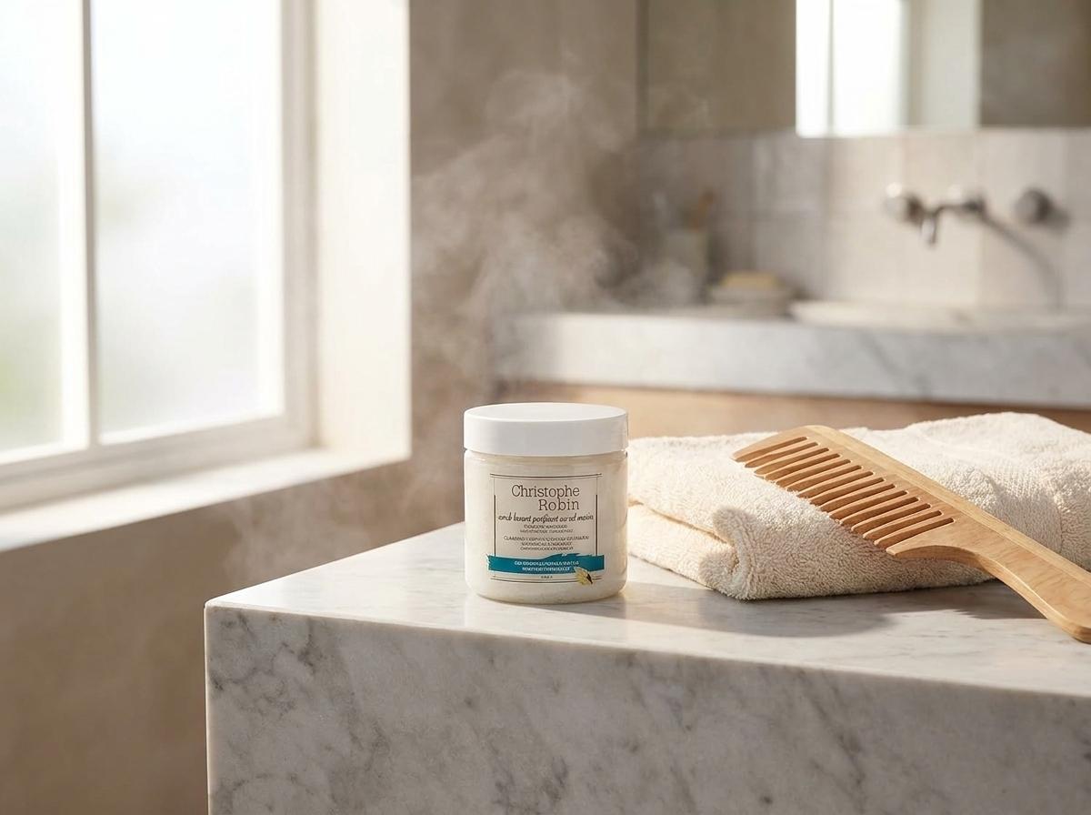 Christophe Robin Sea Salt Scrub auf hellem Marmor-Waschtisch mit weichem Handtuch und Holzkamm