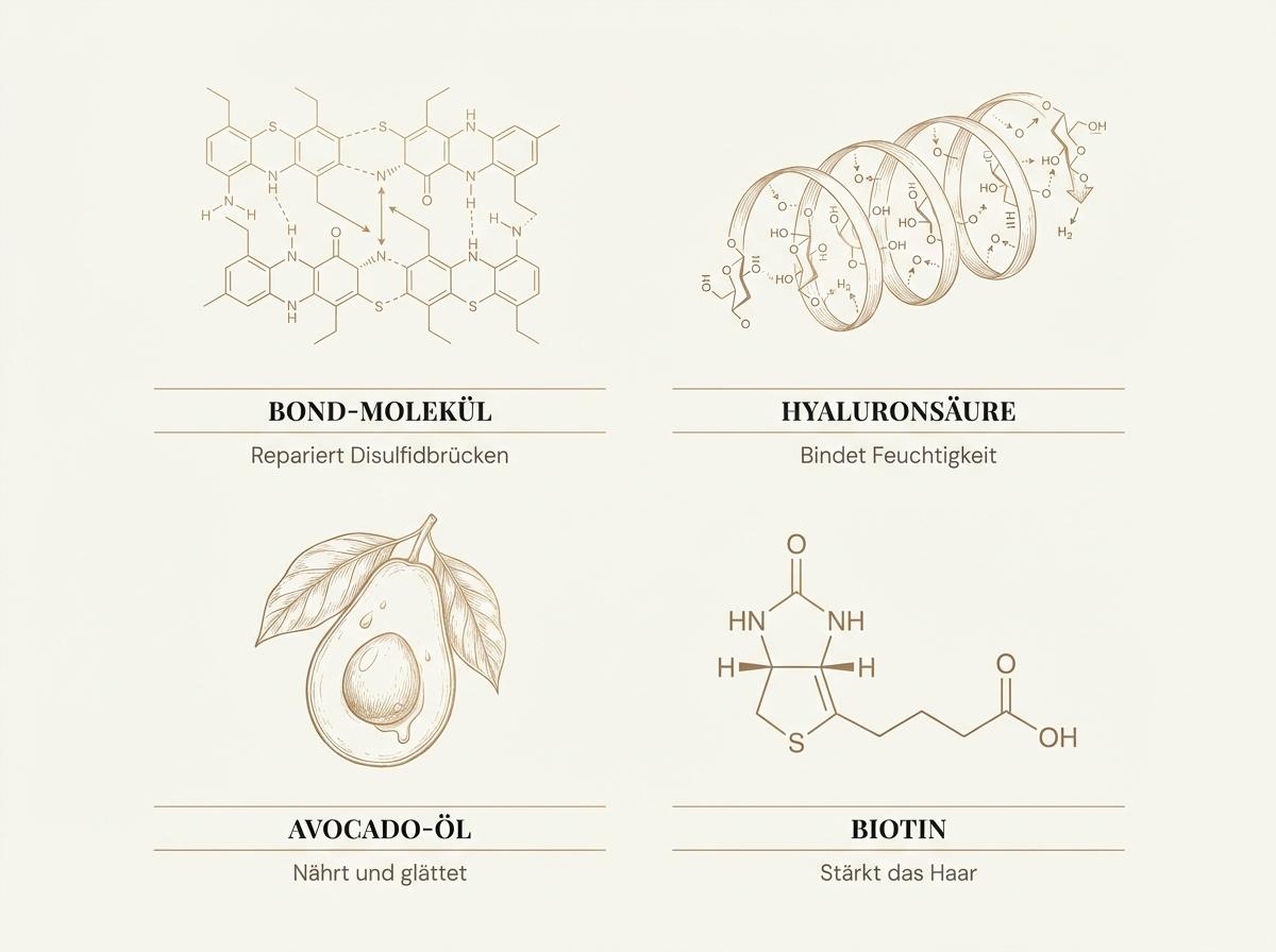 Infografik zu den Wirkstoffen im Olaplex Nº.5: Bond-Molekül, Hyaluronsäure, Avocado-Öl und Biotin