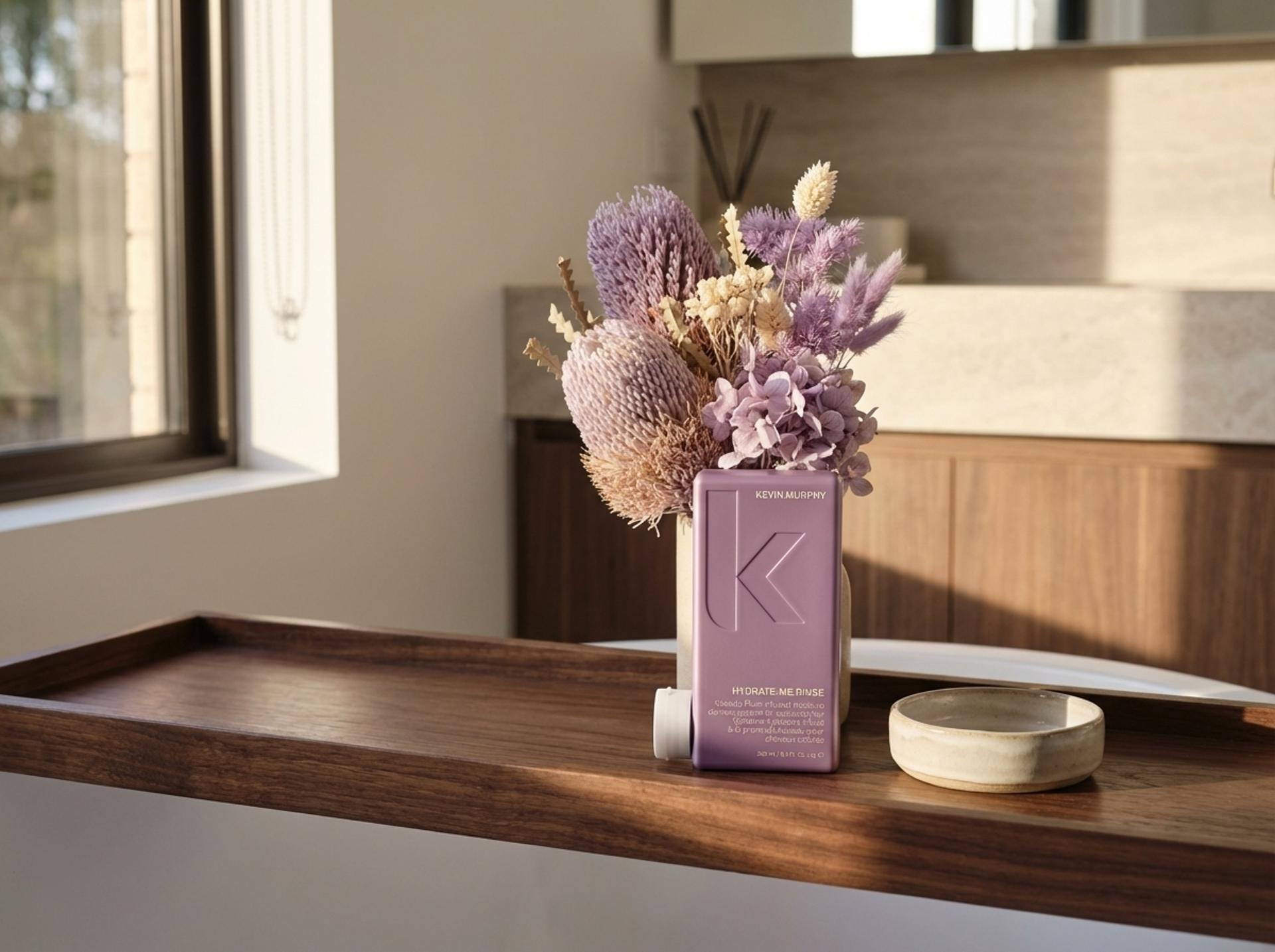 Kevin Murphy HYDRATE-ME.RINSE auf Walnuss-Holztablett mit Trockenblumen