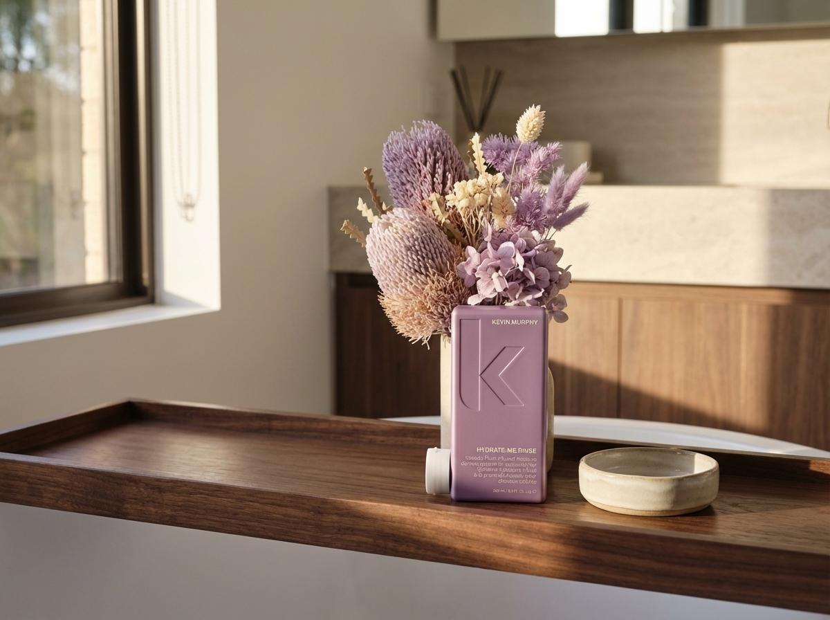 Kevin Murphy HYDRATE-ME.RINSE auf Walnuss-Holztablett mit Trockenblumen