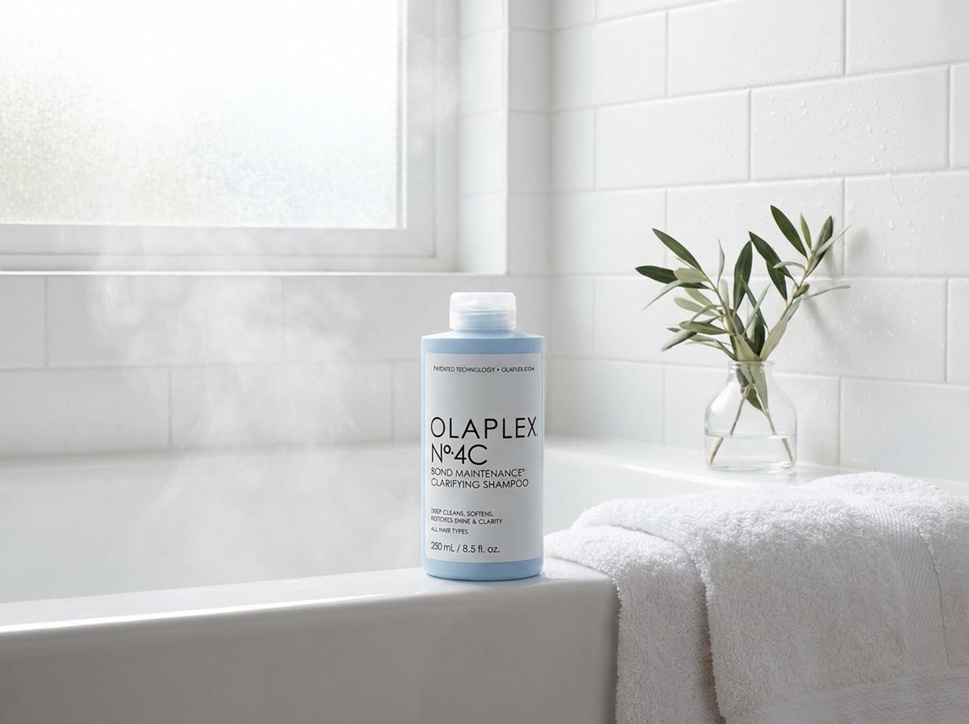 Olaplex Nº.4C Clarifying Shampoo am Badewannenrand mit weissem Handtuch, sanftem Dampf und Tile-Backdrop