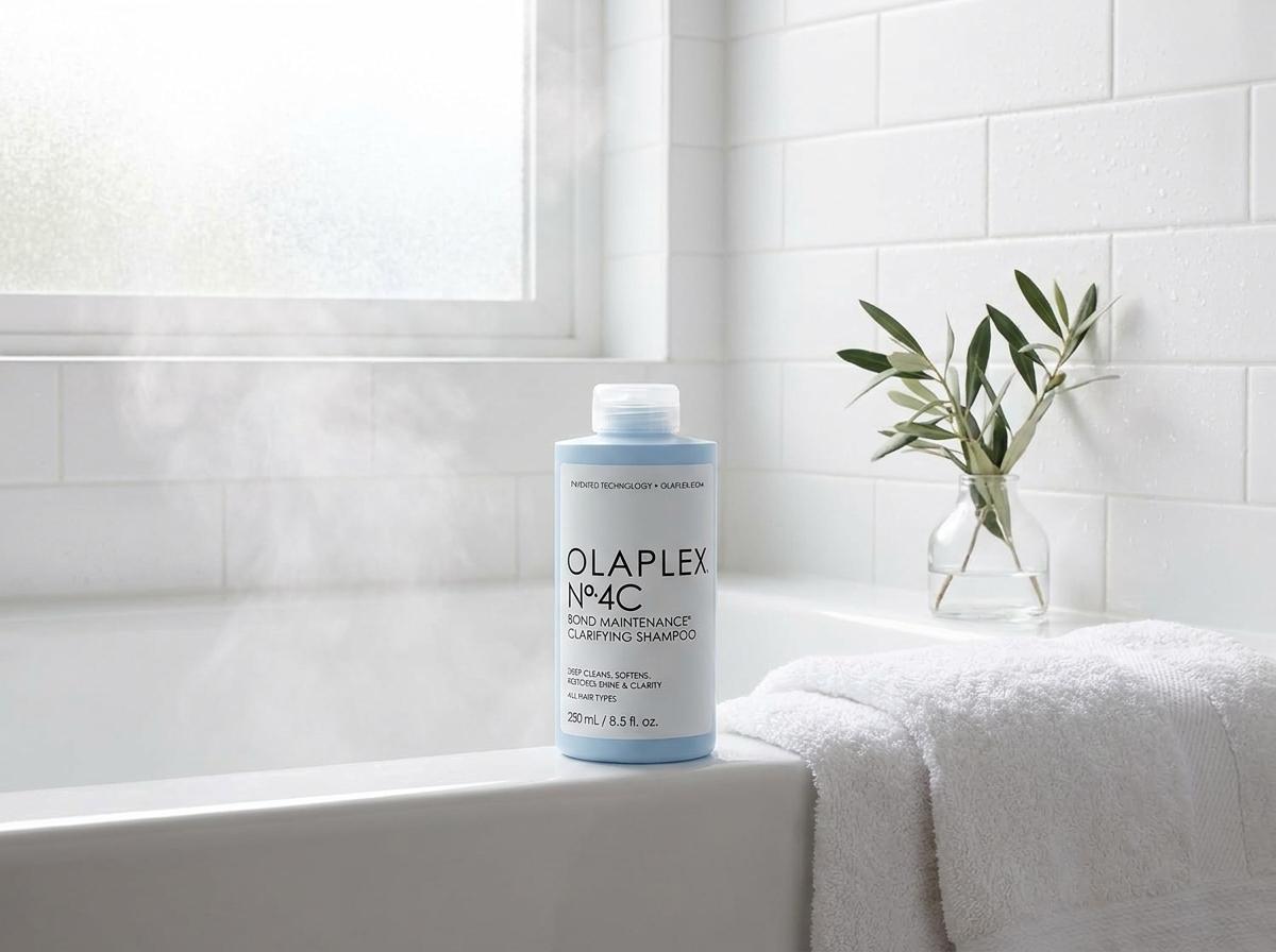 Olaplex Nº.4C Clarifying Shampoo am Badewannenrand mit weissem Handtuch, sanftem Dampf und Tile-Backdrop