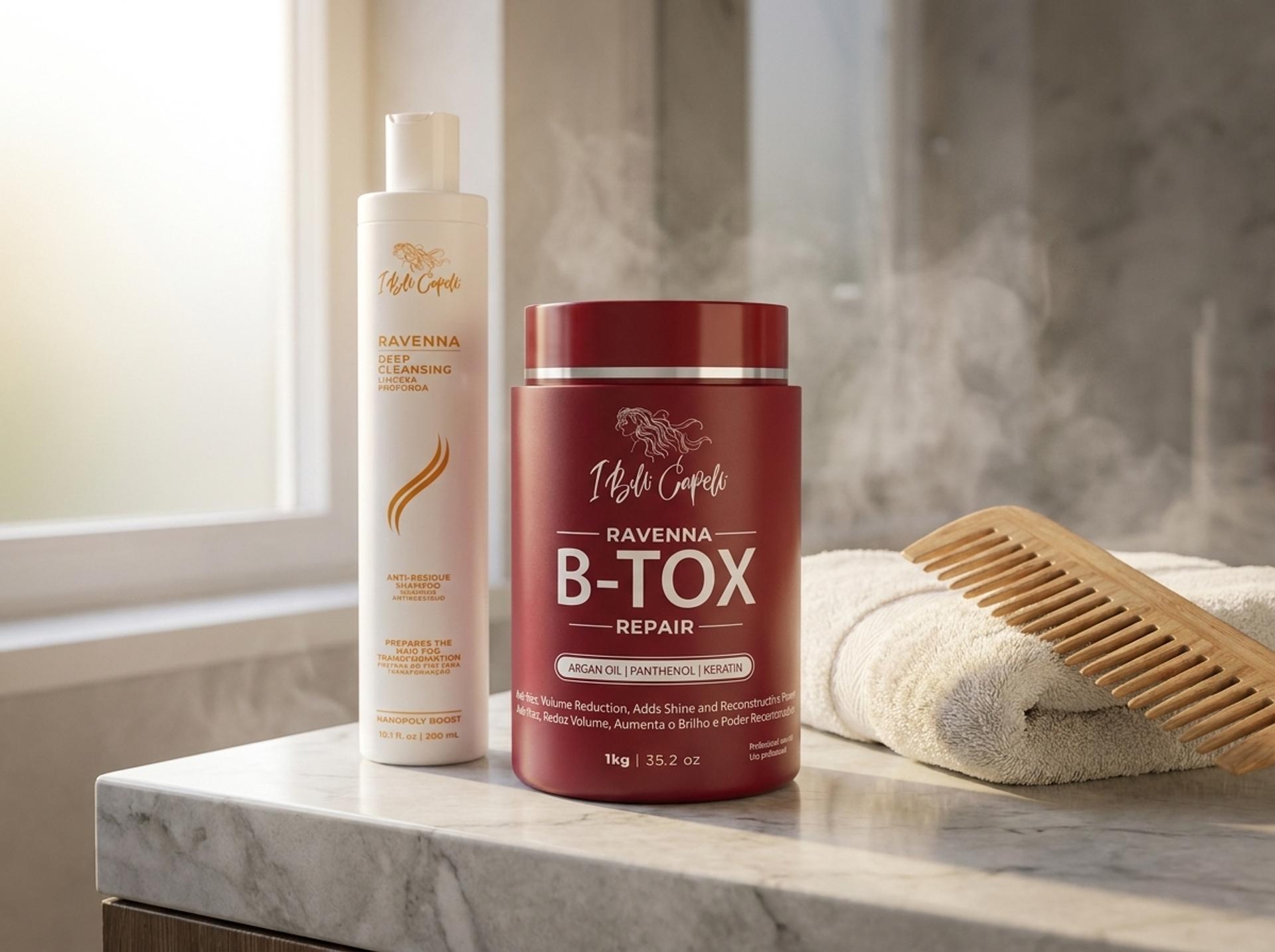 Ravenna Repair B-tox Kit Maske und Shampoo auf hellem Marmor-Waschtisch mit cremefarbenem Handtuch und Holzkamm