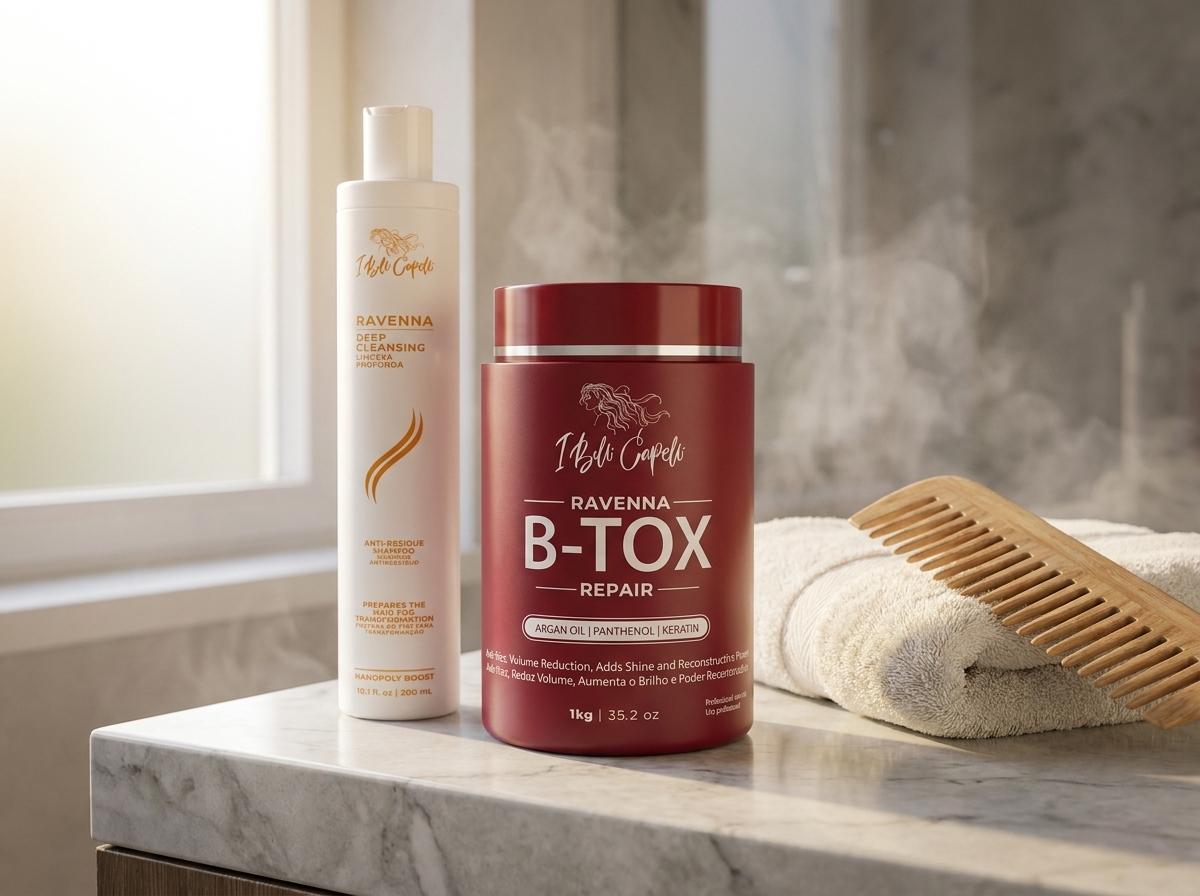 Ravenna Repair B-tox Kit Maske und Shampoo auf hellem Marmor-Waschtisch mit cremefarbenem Handtuch und Holzkamm