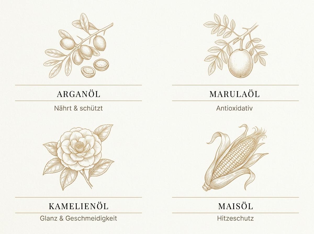 Infografik zu den vier Pflanzenölen im Kérastase Elixir Ultime: Arganöl, Marulaöl, Kamelienöl und Maisöl