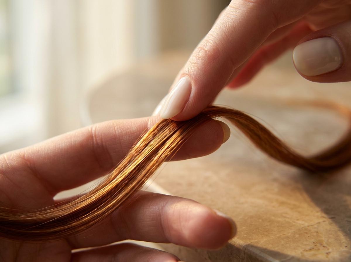 Hand-Detail: Finger gleiten durch eine glasglatt-glänzende kupfer-auburne Haarsträhne im warmen Fensterlicht – sichtbarer Glanzreflex über die ganze Länge