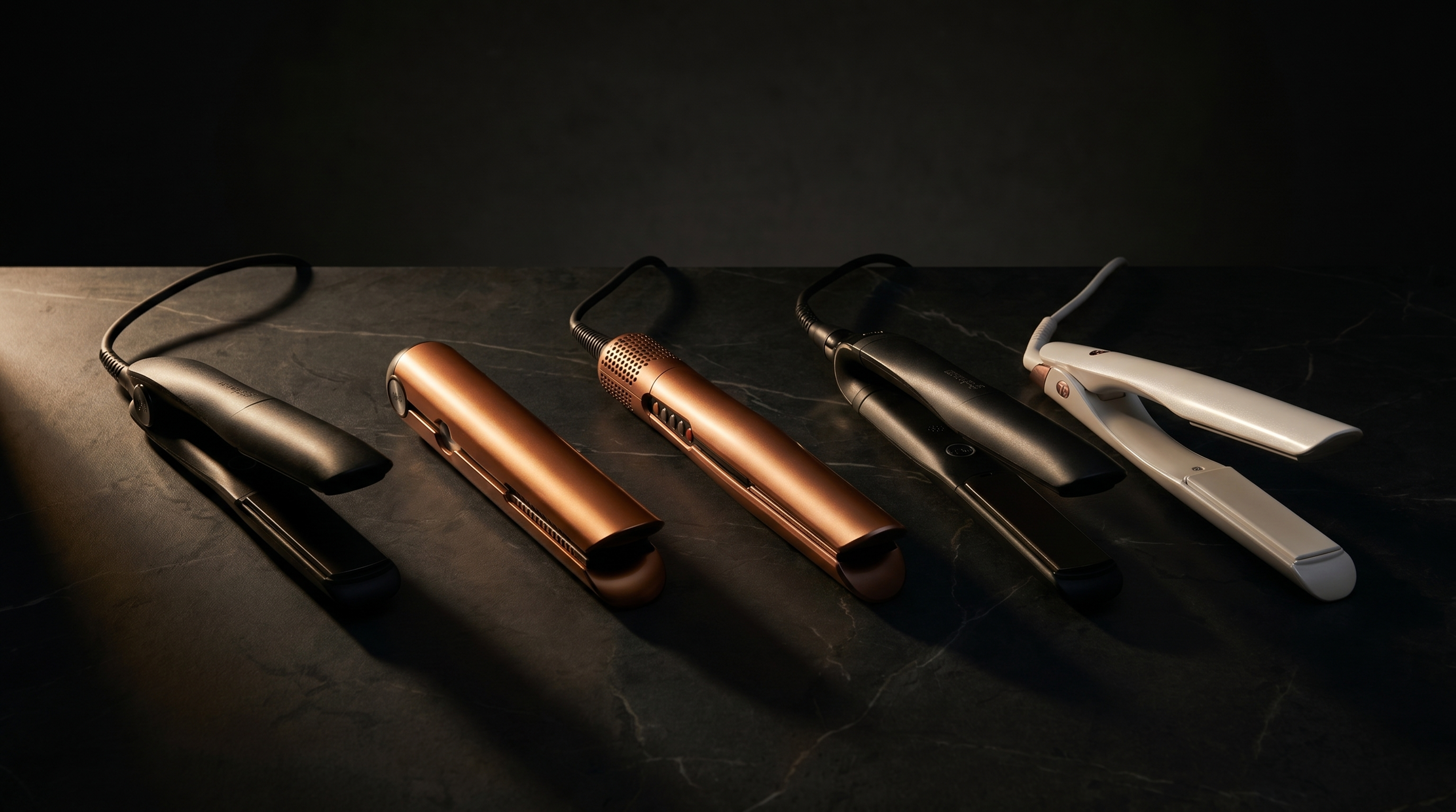 Fünf Premium-Glätteisen hochkant nebeneinander auf einem dunklen Marmor-Counter — dramatisches warmes Seitenlicht zieht jedes Tool nur teilweise aus dem Schatten: matt-schwarze Plates-Paare links und rechts, kupfer-bronzefarbene Bodies in der Mitte (Dyson Corrale cordless mit Battery-Knob, Dyson Airstrait mit perforated Air-Vent), pearl-weißer Slim-Iron mit rosé-goldenem Akzent — Aesop/Byredo-Boutique-Mood, Mystery + Curiosity