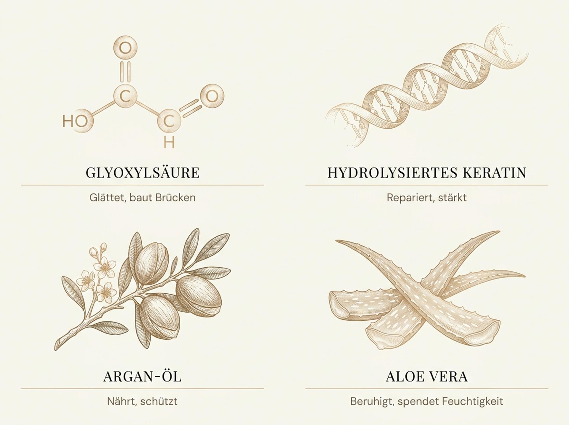 Infografik zur KeraSmooth³-Technologie: Glyoxylsäure, hydrolysiertes Keratin, Argan-Öl und Aloe Vera
