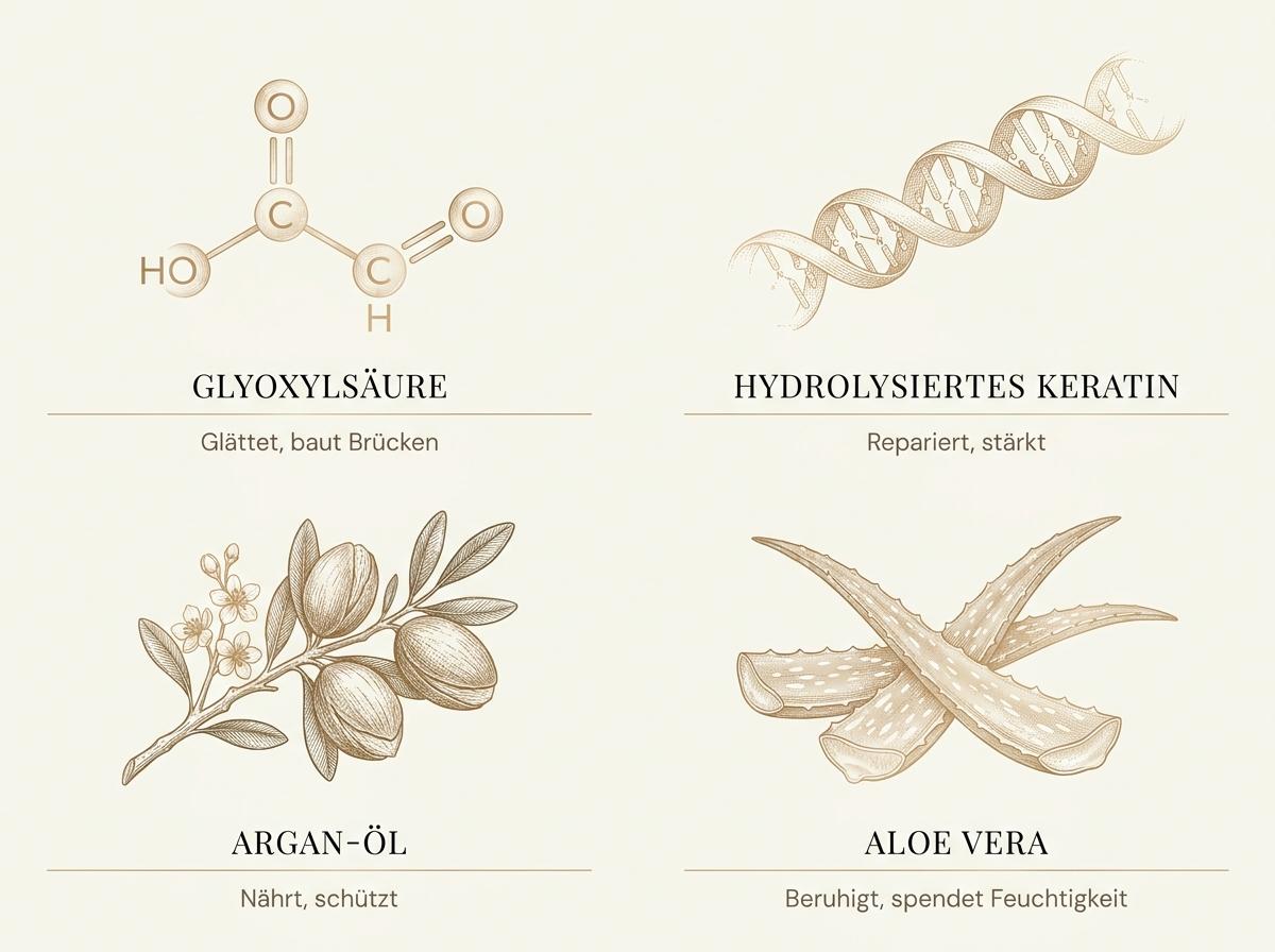 Infografik zur KeraSmooth³-Technologie: Glyoxylsäure, hydrolysiertes Keratin, Argan-Öl und Aloe Vera