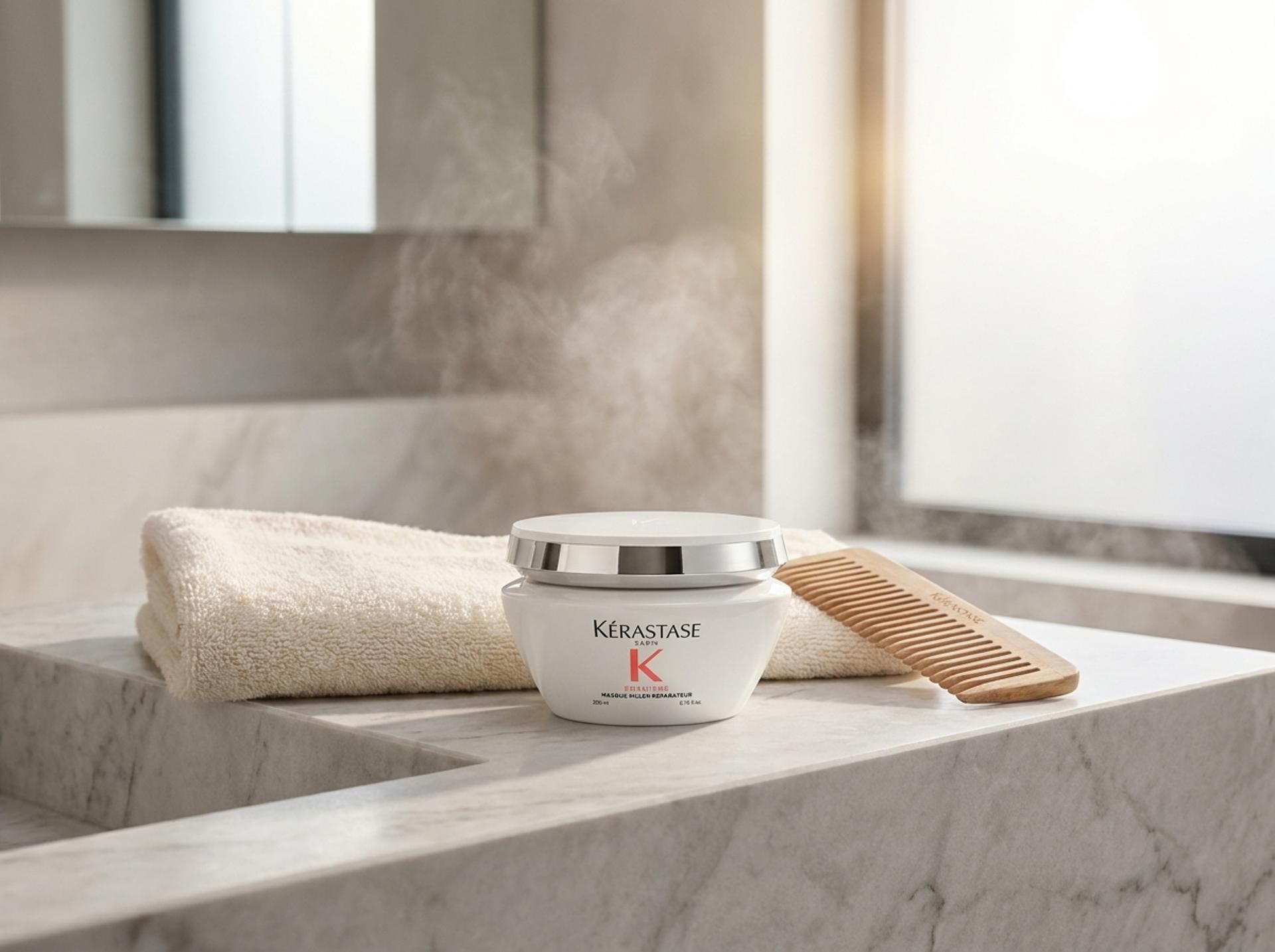 Kérastase Première Masque auf hellem Marmor-Waschtisch mit weissem Handtuch und Holzkamm