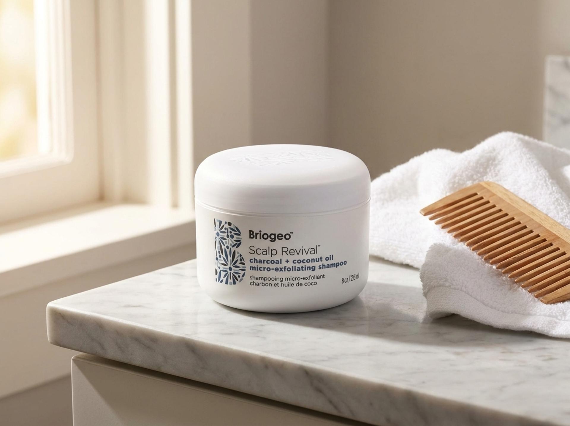 Briogeo Scalp Revival Tiegel auf einem hellen Marmor-Waschtisch mit weißem Frottee-Handtuch und Holzkamm im Tageslicht