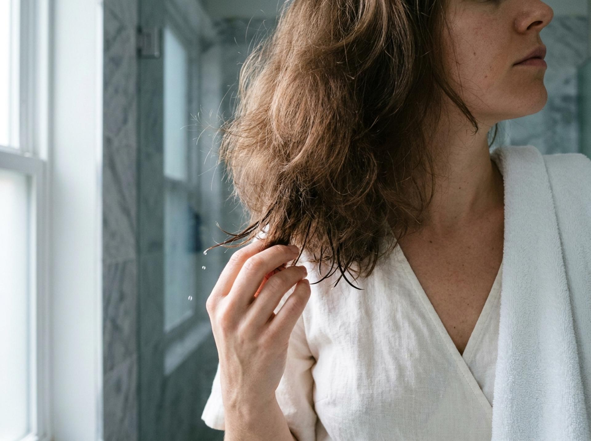Result-Shot nach Olaplex-Nº.4C-Anwendung: mittellanges mittelbraunes Haar frisch gewaschen, fluffig-clean fallend, ein paar feuchte Spitzen-Straehnen – Hand wickelt sich in helles Linen-Handtuch, Premium-Marmor-Dusche im Hintergrund