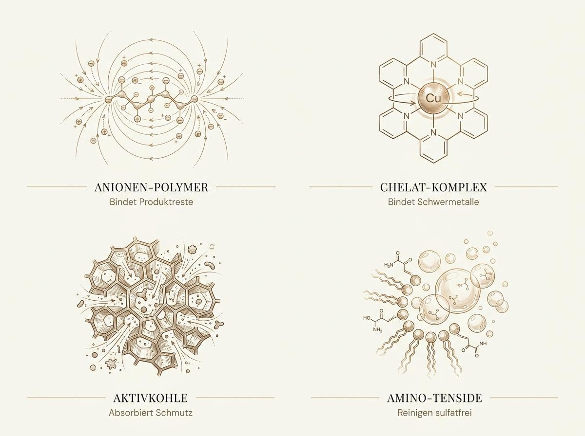 Infografik zur Triple-Detox-Formel: magnetisches Anionen-Polymer, Chelat-Komplex gegen Schwermetalle, Aktivkohle und sulfatfreie Aminosäure-Tenside