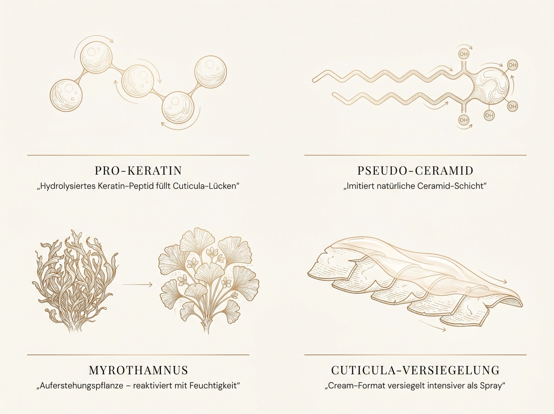 Scientific-Luxury-Infografik: Vita-Ciment®-Wirkstoffkomplex in vier Sepia-Illustrationen – Pro-Keratin-Peptidkette, Pseudo-Ceramid 2-Oleamido-1,3-Octadecanediol, Myrothamnus-Auferstehungspflanze (trocken vs. reaktiviert) und Cuticula-Versiegelungsschema – auf ivory Hintergrund in HaarLuxus-Palette