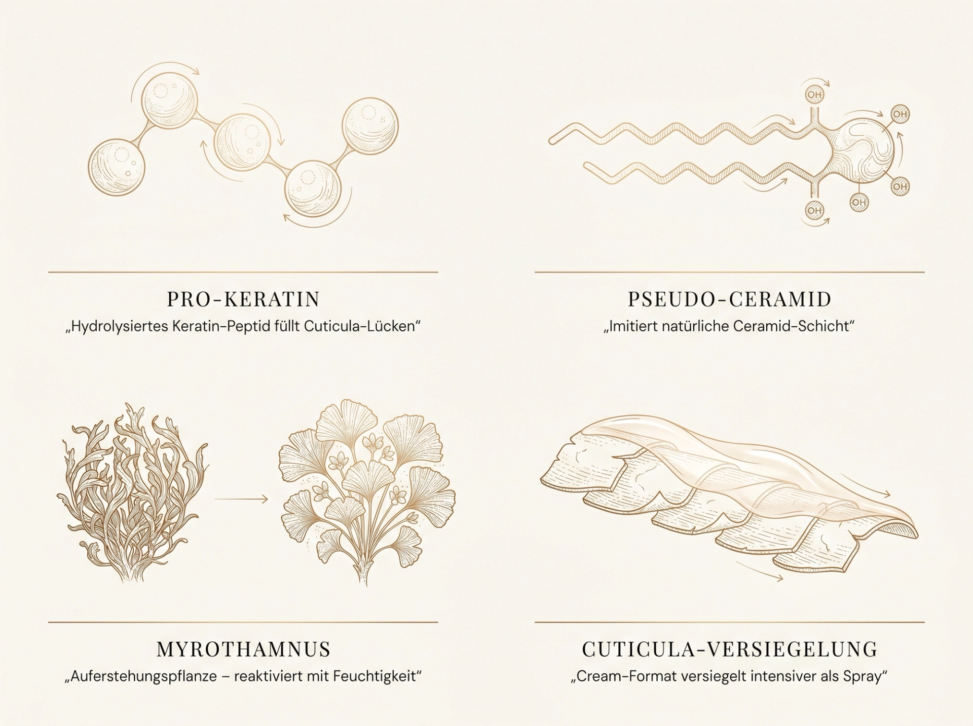 Scientific-Luxury-Infografik: Vita-Ciment®-Wirkstoffkomplex in vier Sepia-Illustrationen – Pro-Keratin-Peptidkette, Pseudo-Ceramid 2-Oleamido-1,3-Octadecanediol, Myrothamnus-Auferstehungspflanze (trocken vs. reaktiviert) und Cuticula-Versiegelungsschema – auf ivory Hintergrund in HaarLuxus-Palette