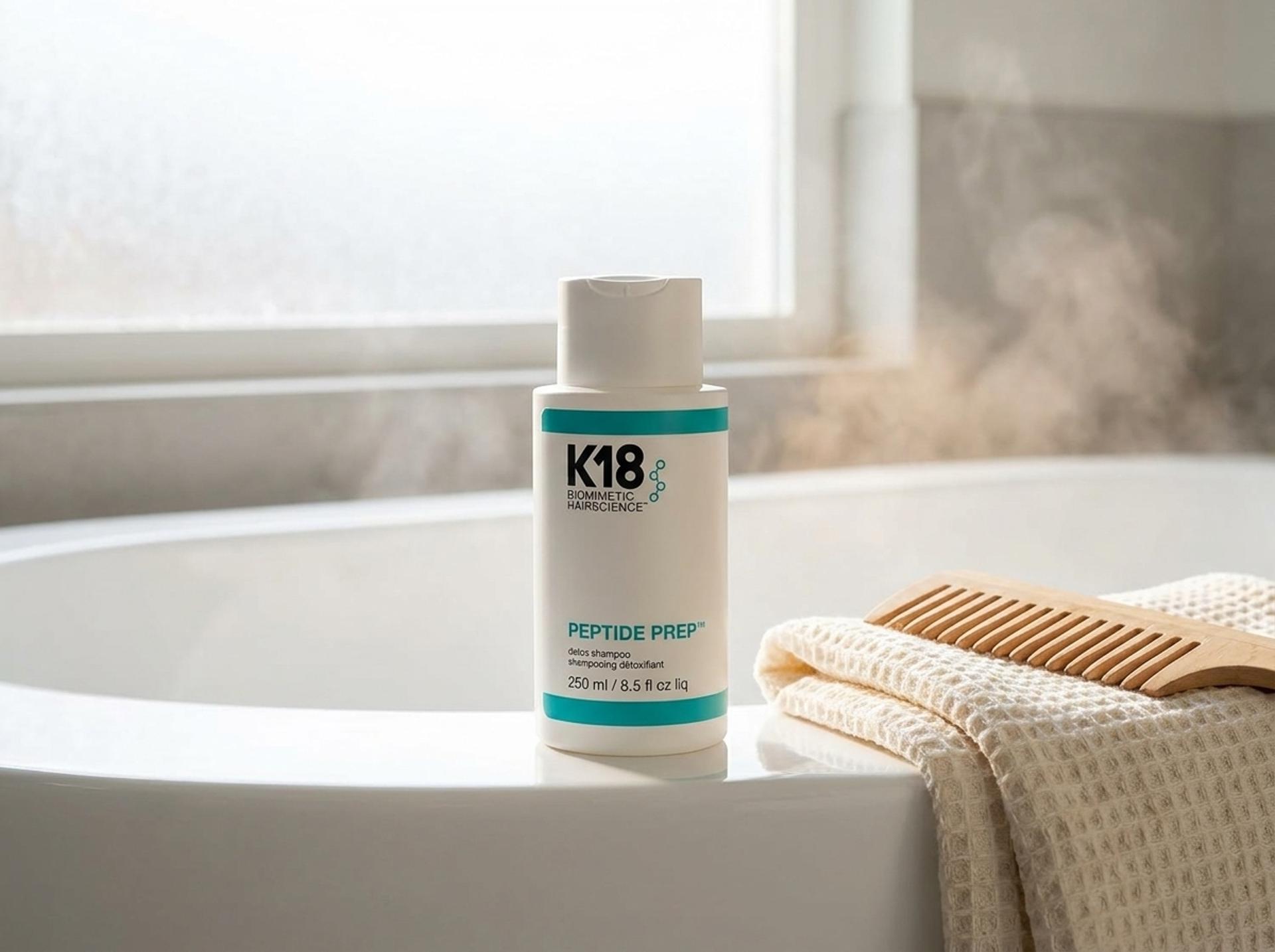 K18 Pro-Wash Detox Shampoo am Badewannenrand mit Dampf, weichem Handtuch und Holzkamm