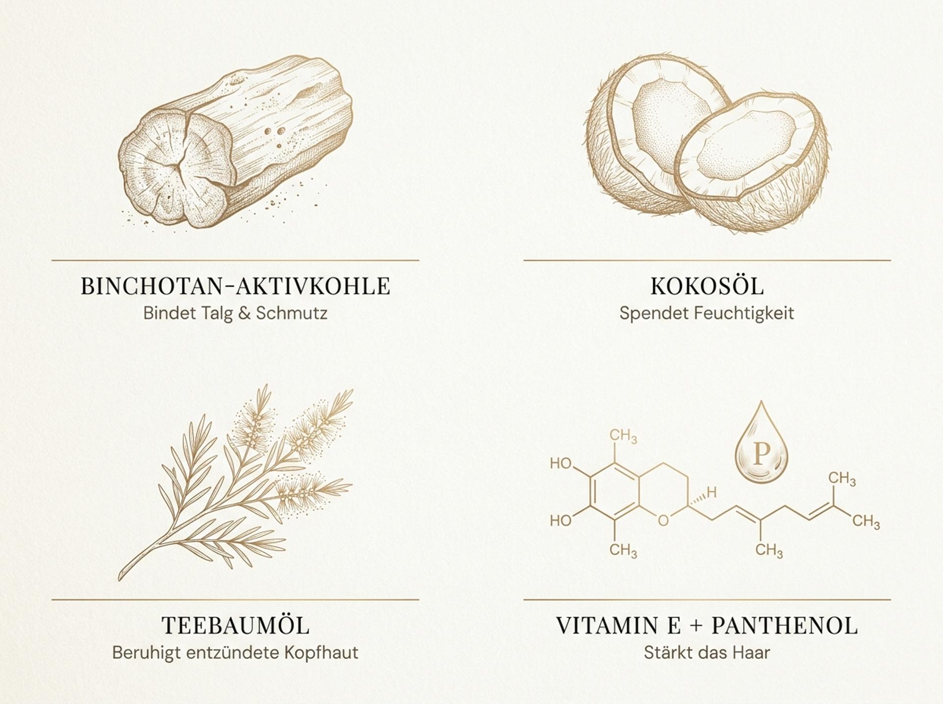 Infografik der vier Hauptwirkstoffe des Briogeo Scalp Revival Shampoos: Binchotan-Aktivkohle, Kokosöl, Teebaumöl und Vitamin E (Panthenol)