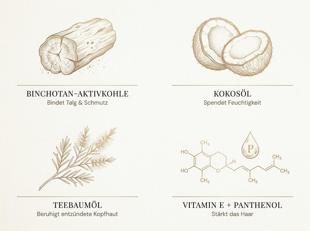 Infografik der vier Hauptwirkstoffe des Briogeo Scalp Revival Shampoos: Binchotan-Aktivkohle, Kokosöl, Teebaumöl und Vitamin E (Panthenol)