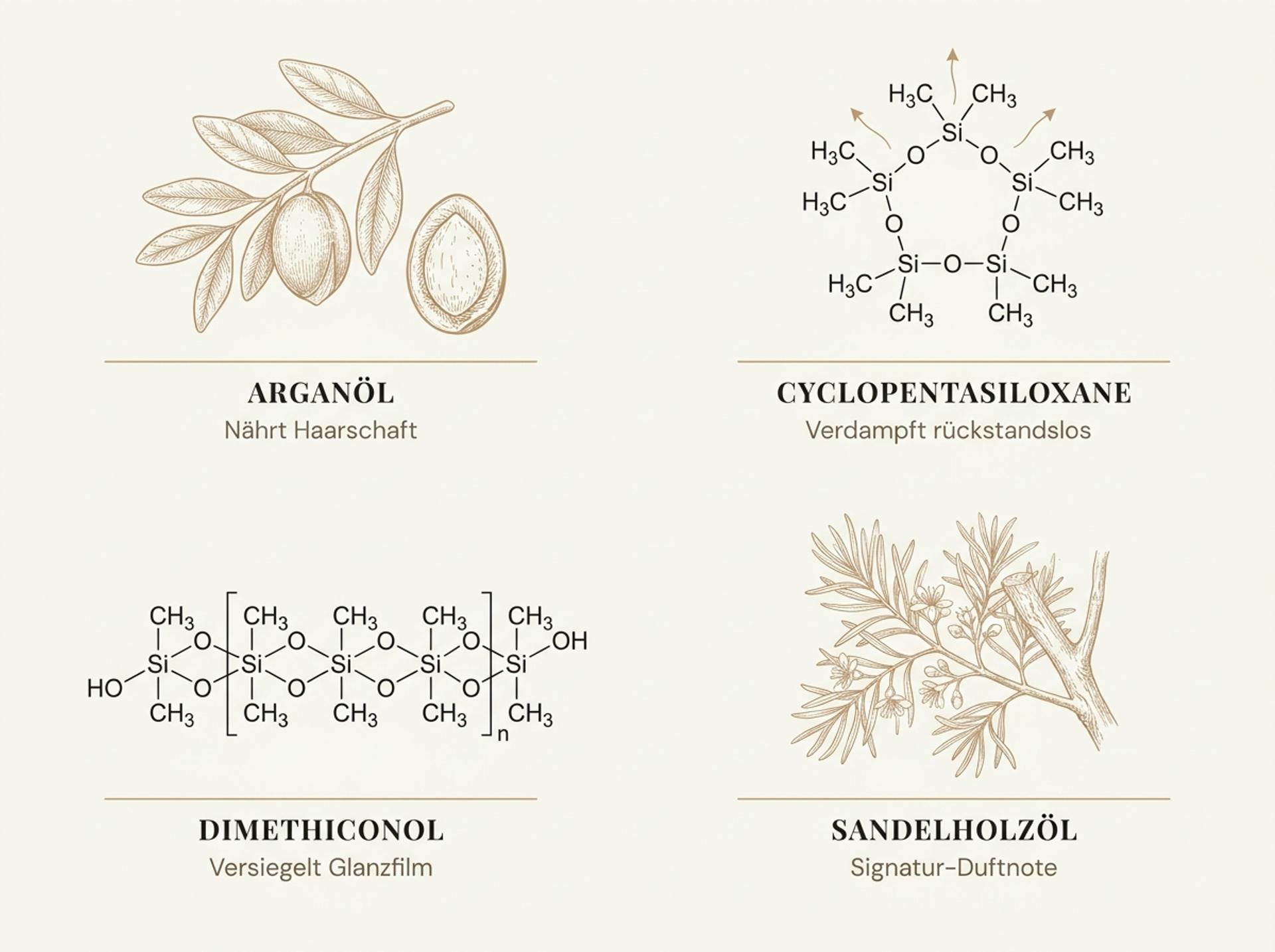 Infografik zu den Wirkstoffen des Sebastian Dark Oil: Arganöl, Cyclopentasiloxane, Dimethiconol und Sandelholzöl
