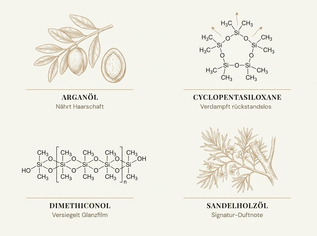 Infografik zu den Wirkstoffen des Sebastian Dark Oil: Arganöl, Cyclopentasiloxane, Dimethiconol und Sandelholzöl