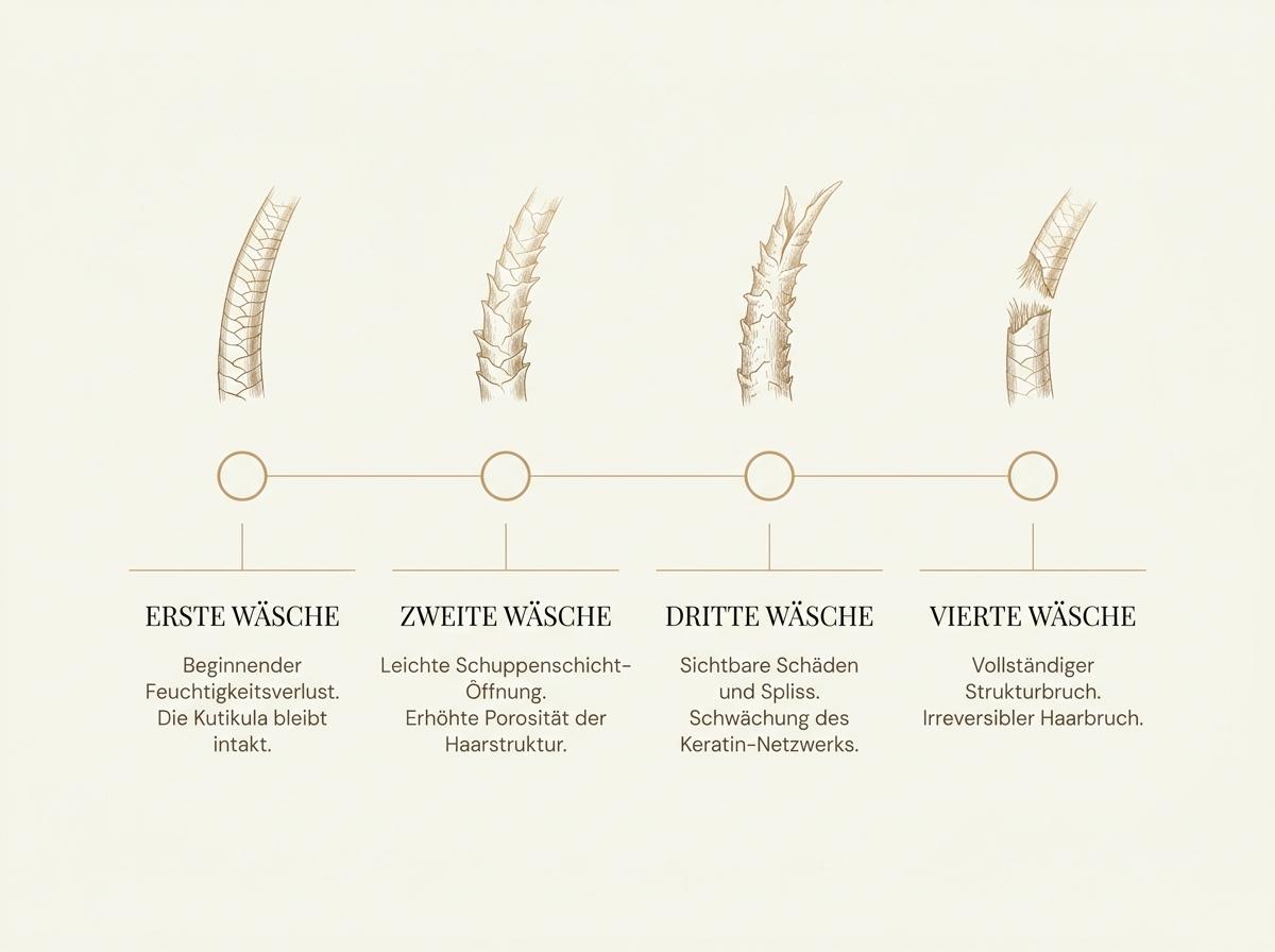 Infografik in HaarLuxus-Palette: vier Warnsignale einer misslungenen Keratin-Glättung als Zeitachse von der ersten bis zur vierten Haarwäsche, mit warm-gold gezeichneten Haarfaser-Symbolen