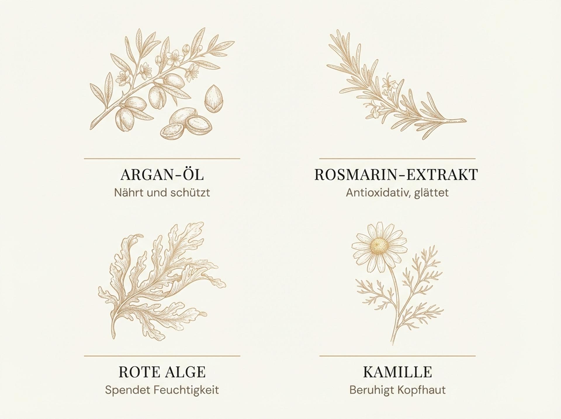 Infografik zu den Wirkstoffen im Moroccanoil Hydrating Conditioner: Argan-Öl, Rosmarin, Rote Alge und Kamille