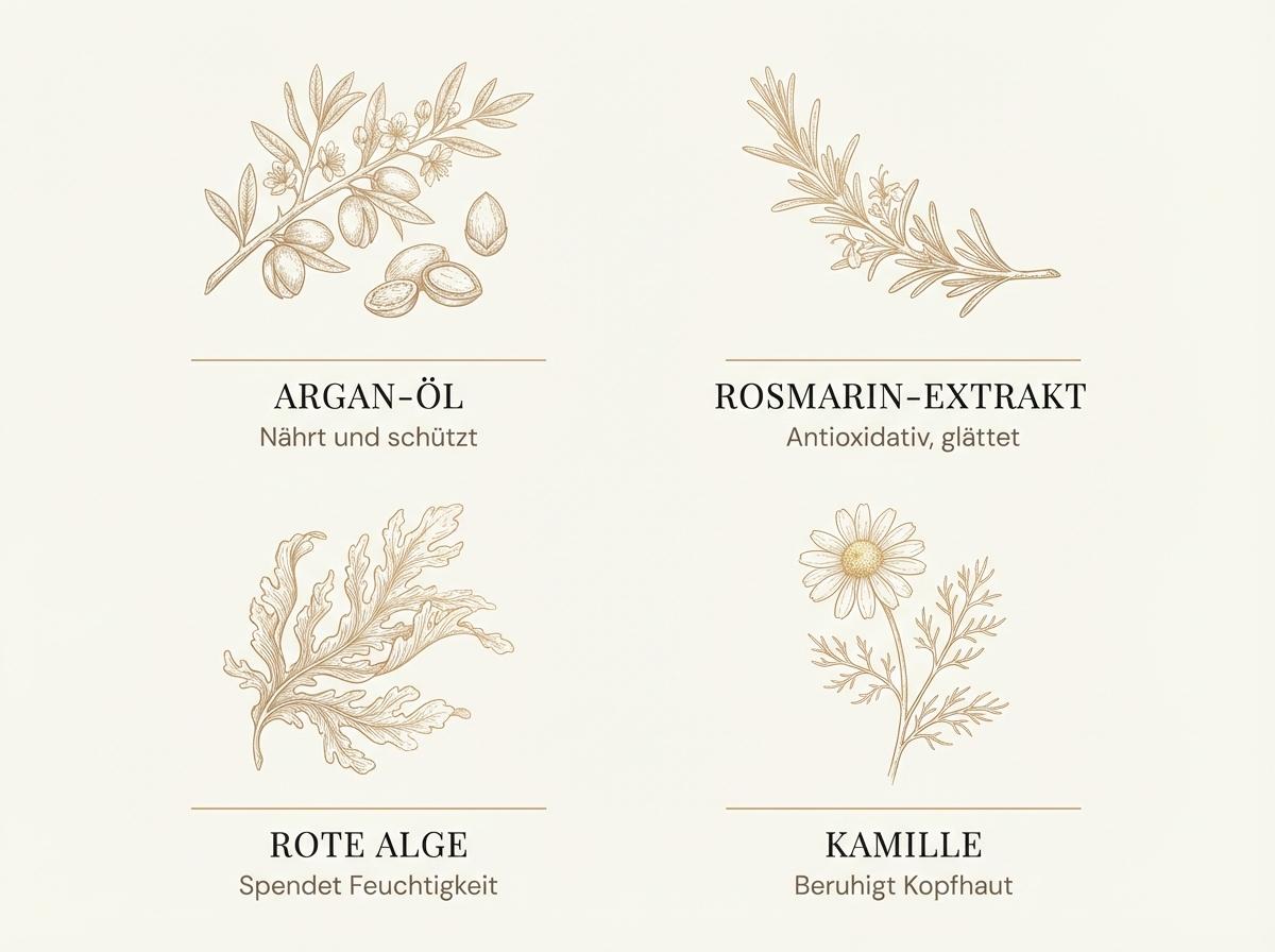 Infografik zu den Wirkstoffen im Moroccanoil Hydrating Conditioner: Argan-Öl, Rosmarin, Rote Alge und Kamille