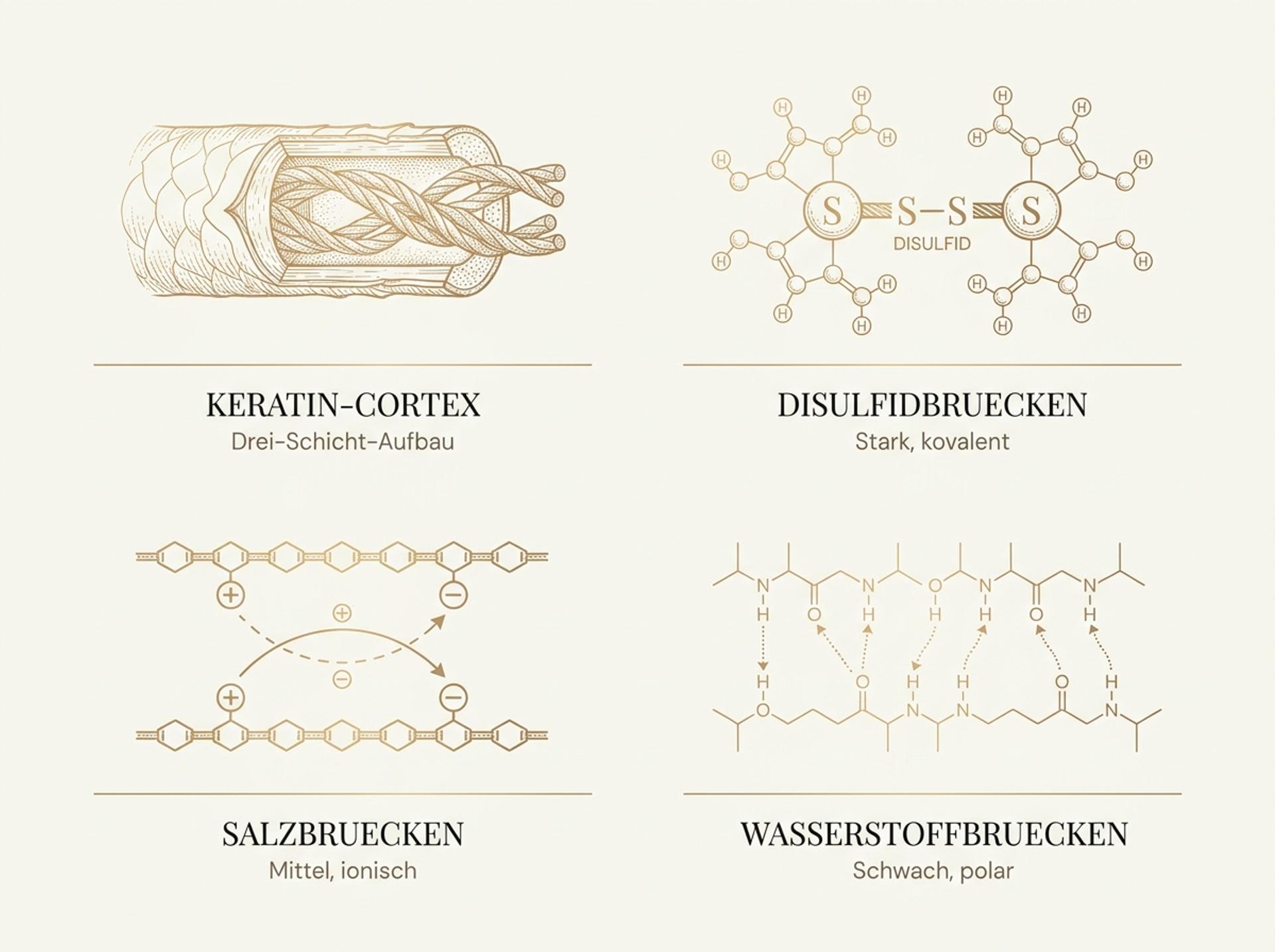 Wissenschaftliche Illustration der drei Bindungstypen im Haar – Disulfidbrücken, Salzbrücken und Wasserstoffbrücken – als botanisch-elegantes 2x2-Grid in warmen Goldtoenen