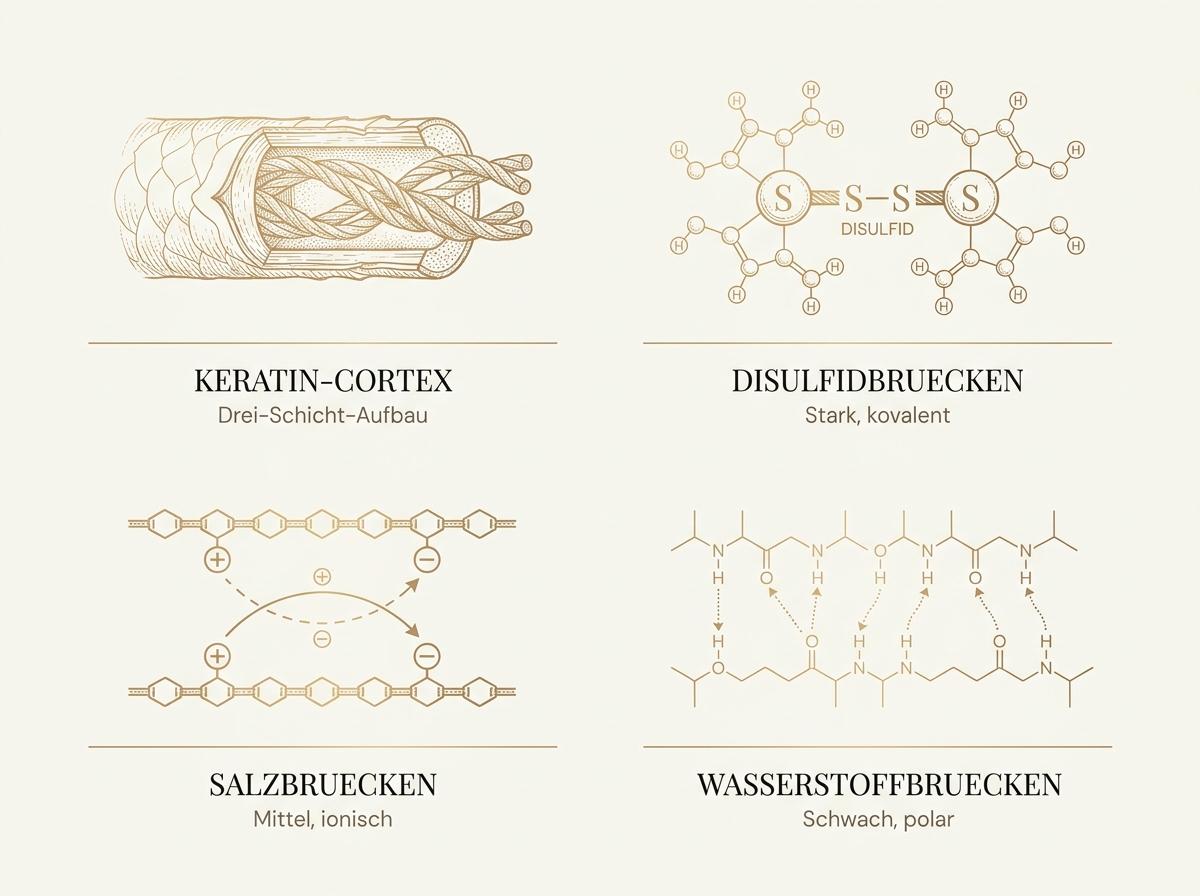 Wissenschaftliche Illustration der drei Bindungstypen im Haar – Disulfidbrücken, Salzbrücken und Wasserstoffbrücken – als botanisch-elegantes 2x2-Grid in warmen Goldtoenen