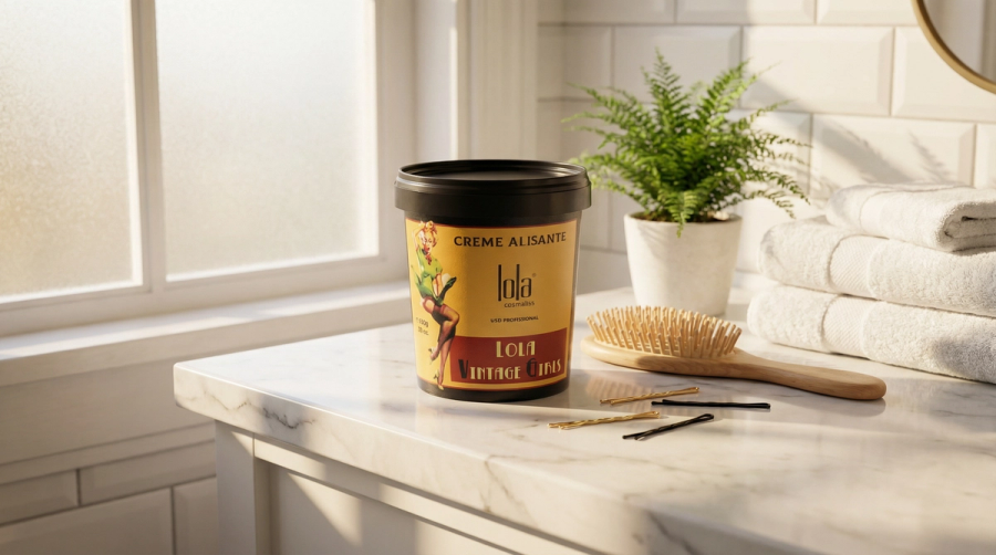 Lola Cosmetics Vintage Mädchen Glättungscreme auf einem Marmor-Badezimmerregal mit weichem Morgenlicht