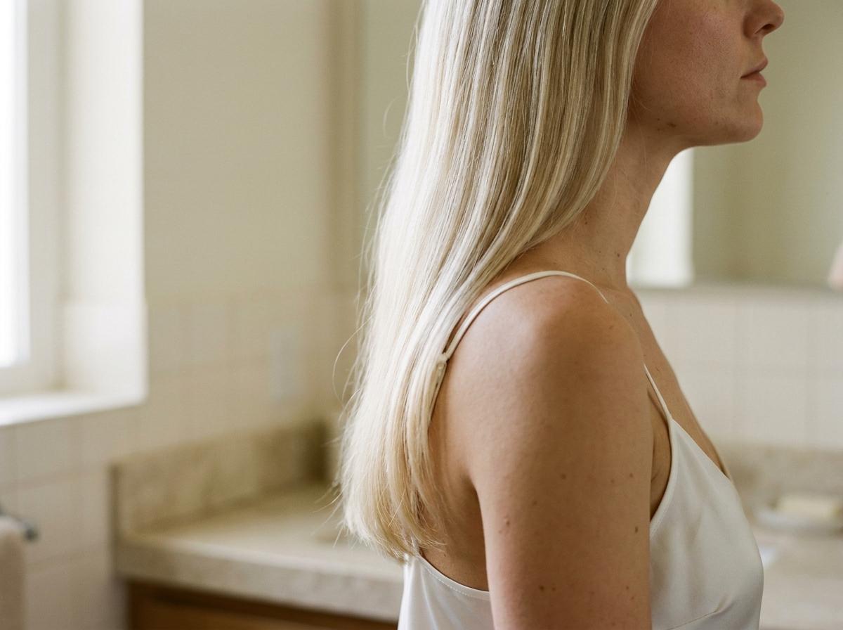 Success-State nach korrekter Olaplex-Routine über 4-8 Wochen: hyper-glaenzendes platinblondes Haar mit definierten Straehnen ohne Frizz