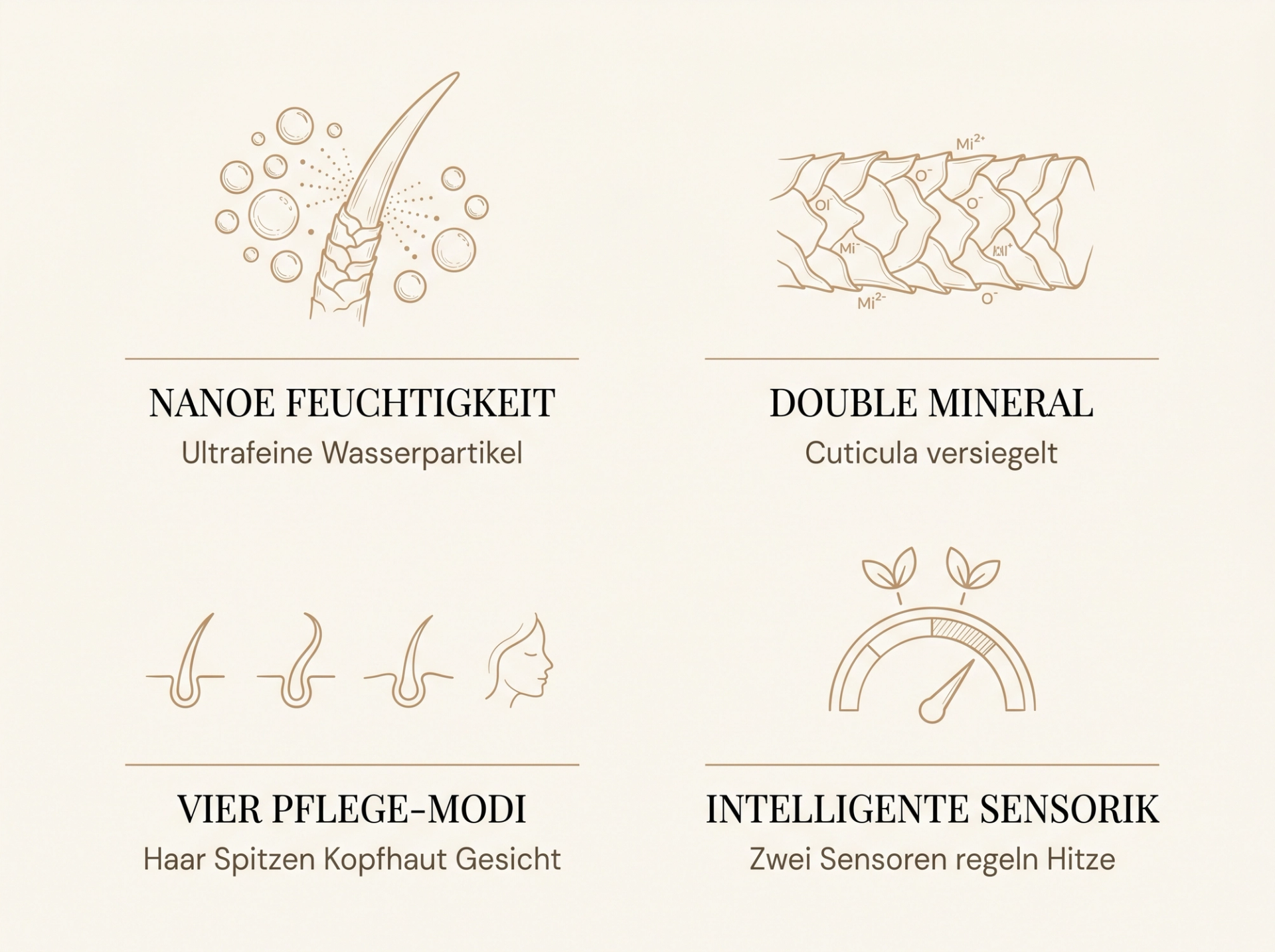Scientific-Luxury-Infografik: 4 zentrale Wirkmechanismen des Panasonic EH-NA9N – nanoe Feuchtigkeit (ultrafeine Wasserpartikel), Double Mineral (Cuticula-Versiegelung), Vier Pflege-Modi (Haar, Spitzen, Kopfhaut, Gesichtshaut) und Intelligente Sensorik – in HaarLuxus-Sepia auf ivory
