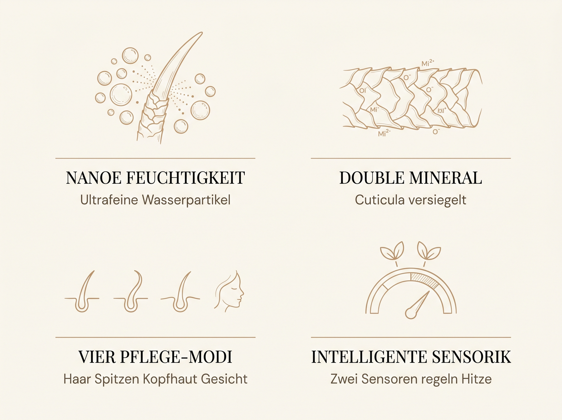 Scientific-Luxury-Infografik: 4 zentrale Wirkmechanismen des Panasonic EH-NA9N – nanoe Feuchtigkeit (ultrafeine Wasserpartikel), Double Mineral (Cuticula-Versiegelung), Vier Pflege-Modi (Haar, Spitzen, Kopfhaut, Gesichtshaut) und Intelligente Sensorik – in HaarLuxus-Sepia auf ivory