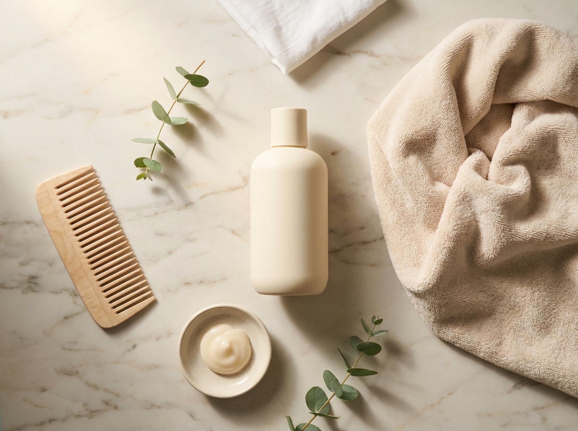 Editorial-Flatlay einer Conditioner-Routine auf Marmor – cremige Conditioner-Flasche, Holzkamm, Mikrofaser-Handtuch und Eukalyptus-Zweig im Morgenlicht